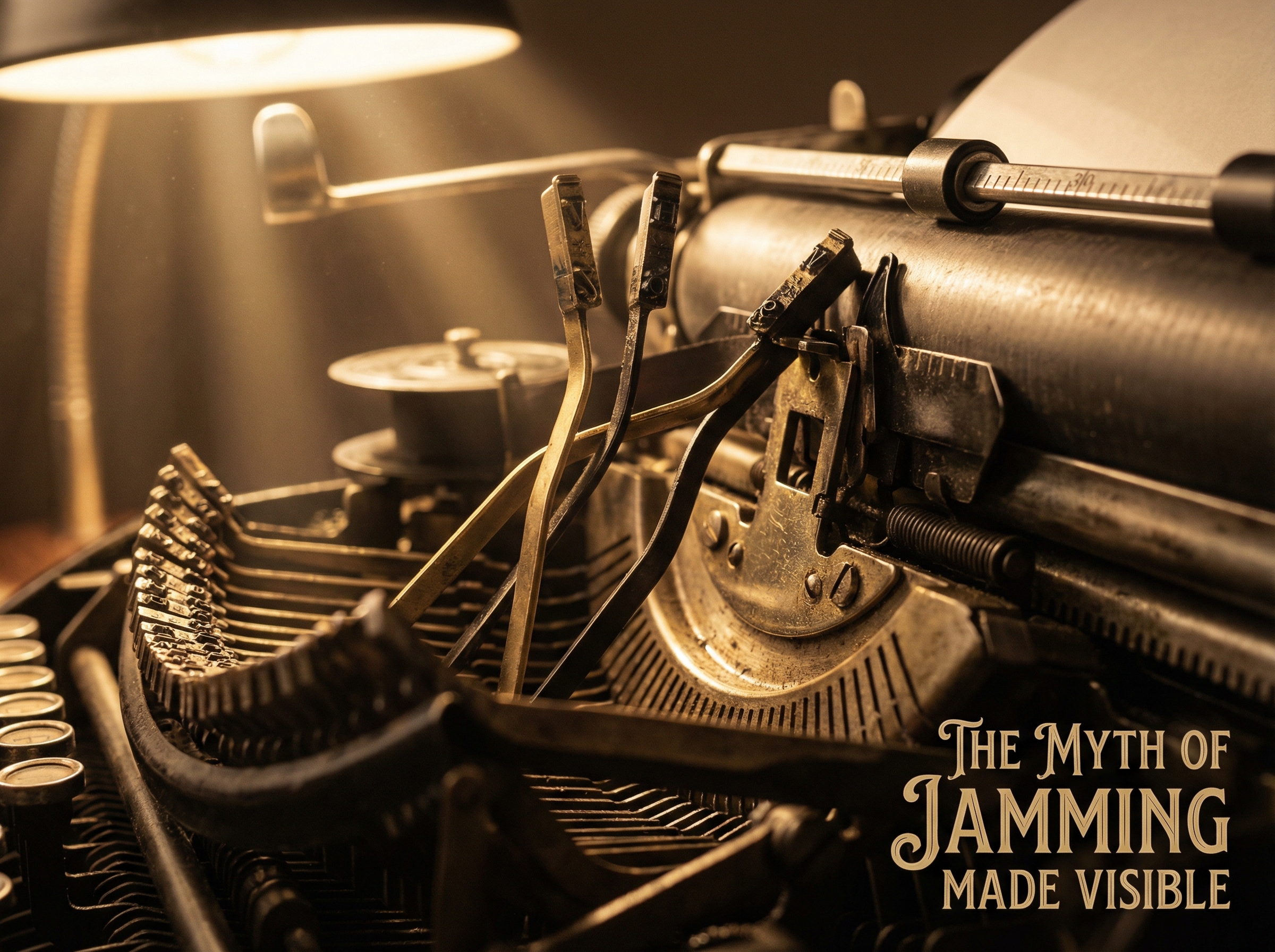 Close-up of vintage typewriter type-bars showing the mechanical jamming mechanism