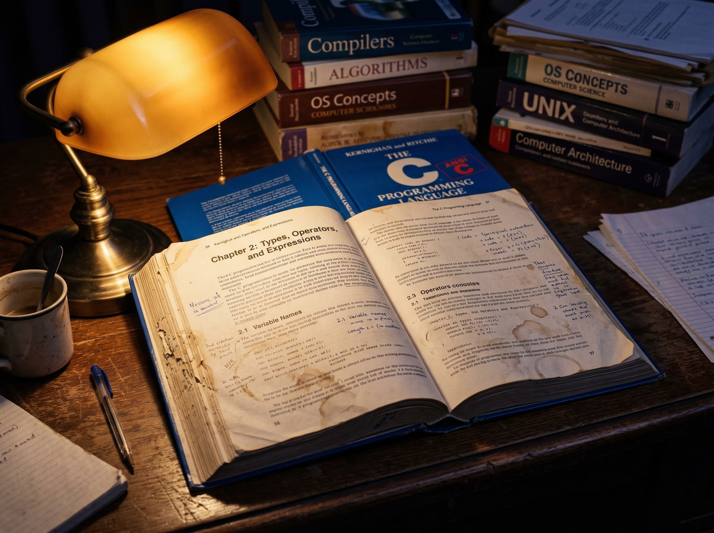 A well-worn copy of 'The C Programming Language' book on a university desk