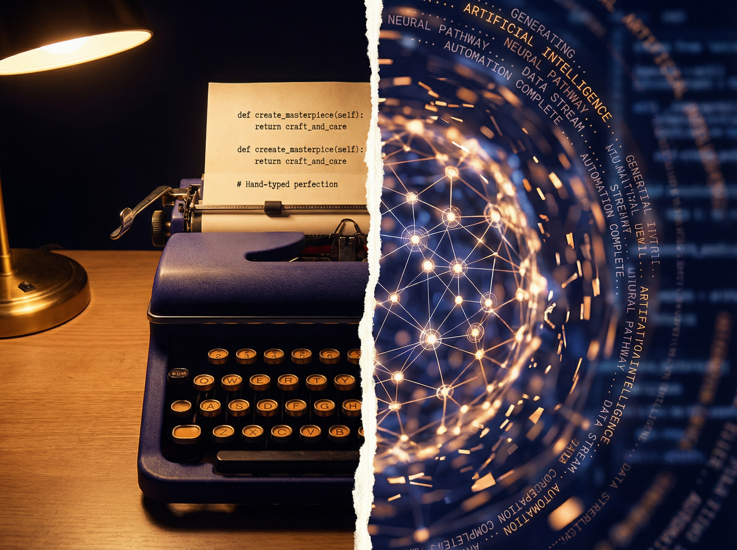 Split composition showing a classic typewriter versus chaotic AI neural network swirl