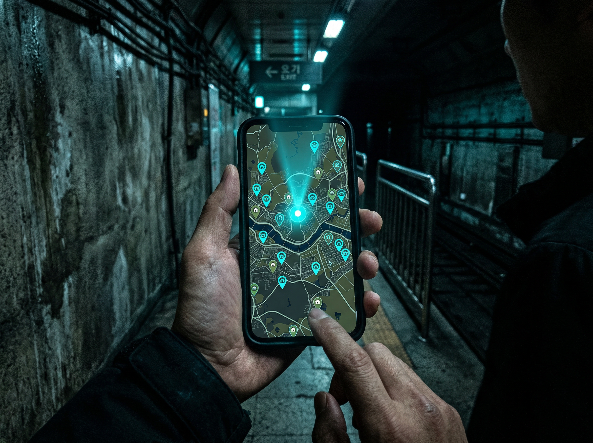 Smartphone screen showing shelter map pins glowing in a dark Seoul subway station