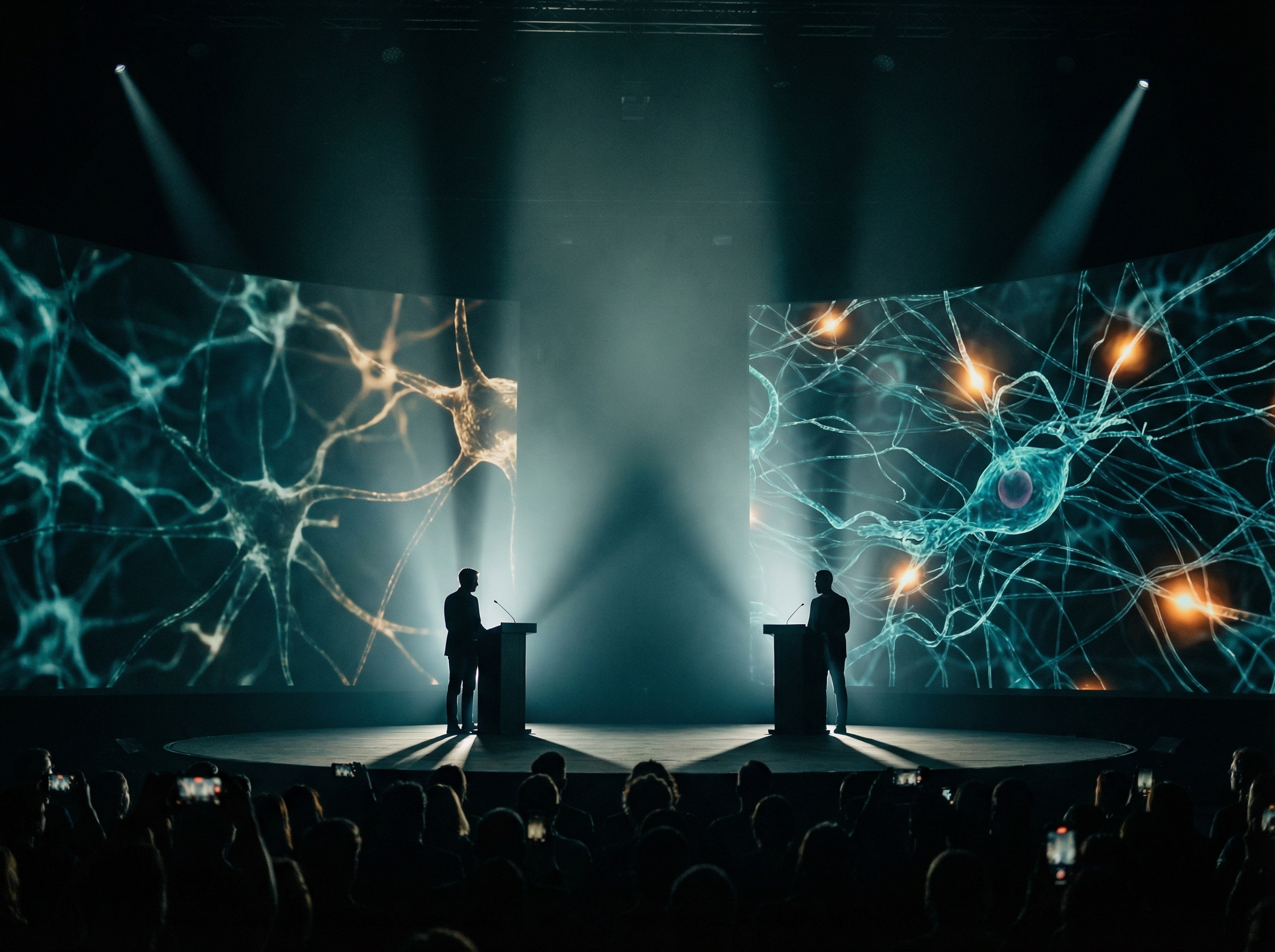 Human brain dissolving into circuit board pattern with bioluminescent teal glow at the transition