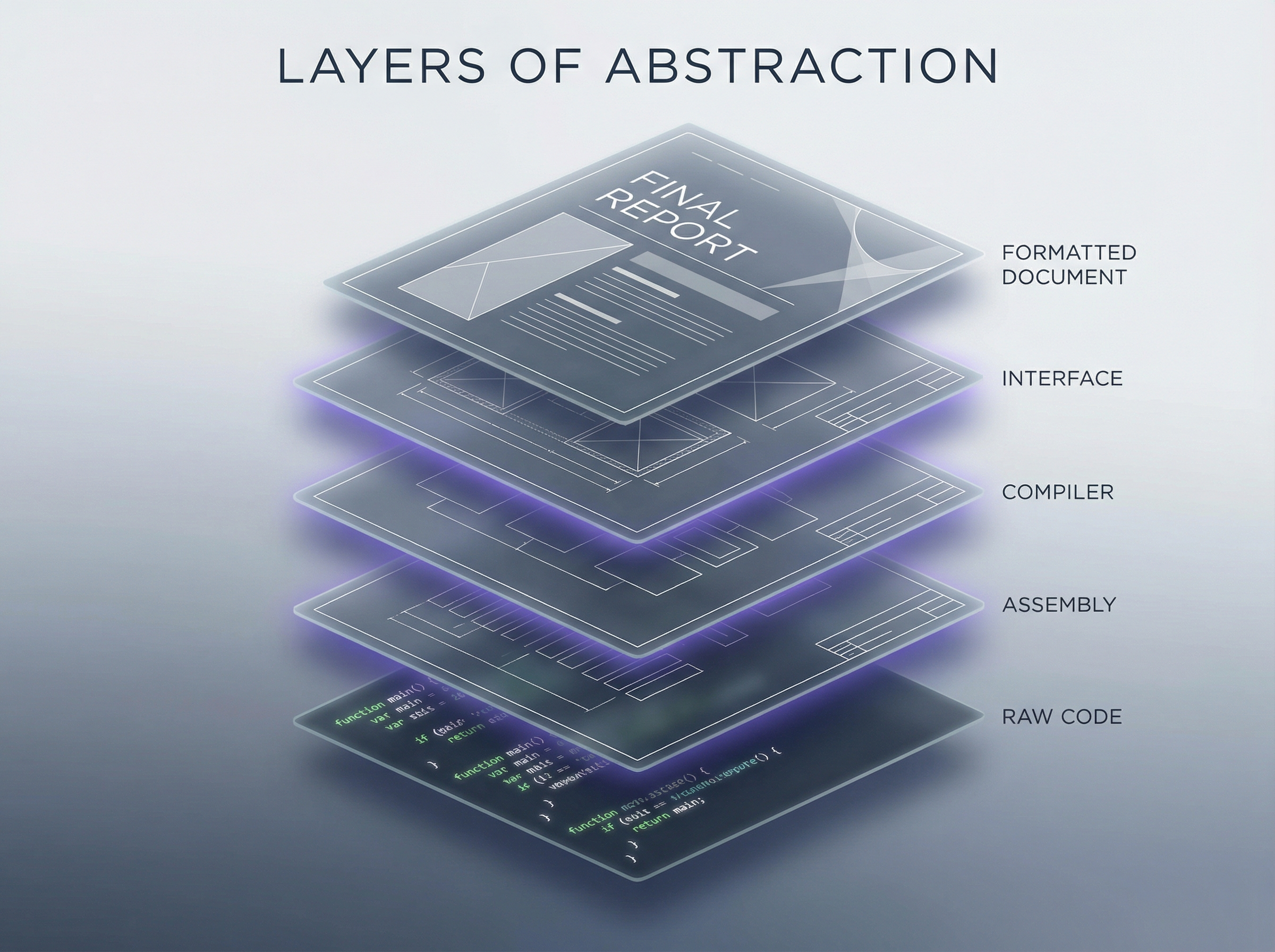 Layers of abstraction visualized as translucent architectural blueprints, from raw code to formatted documents