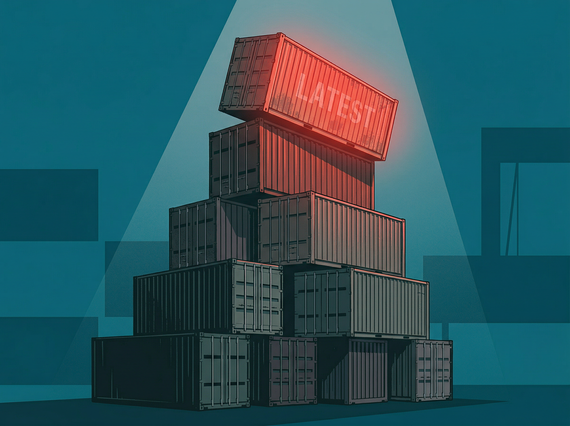 A house of cards built from shipping containers with the topmost card glowing red and teetering