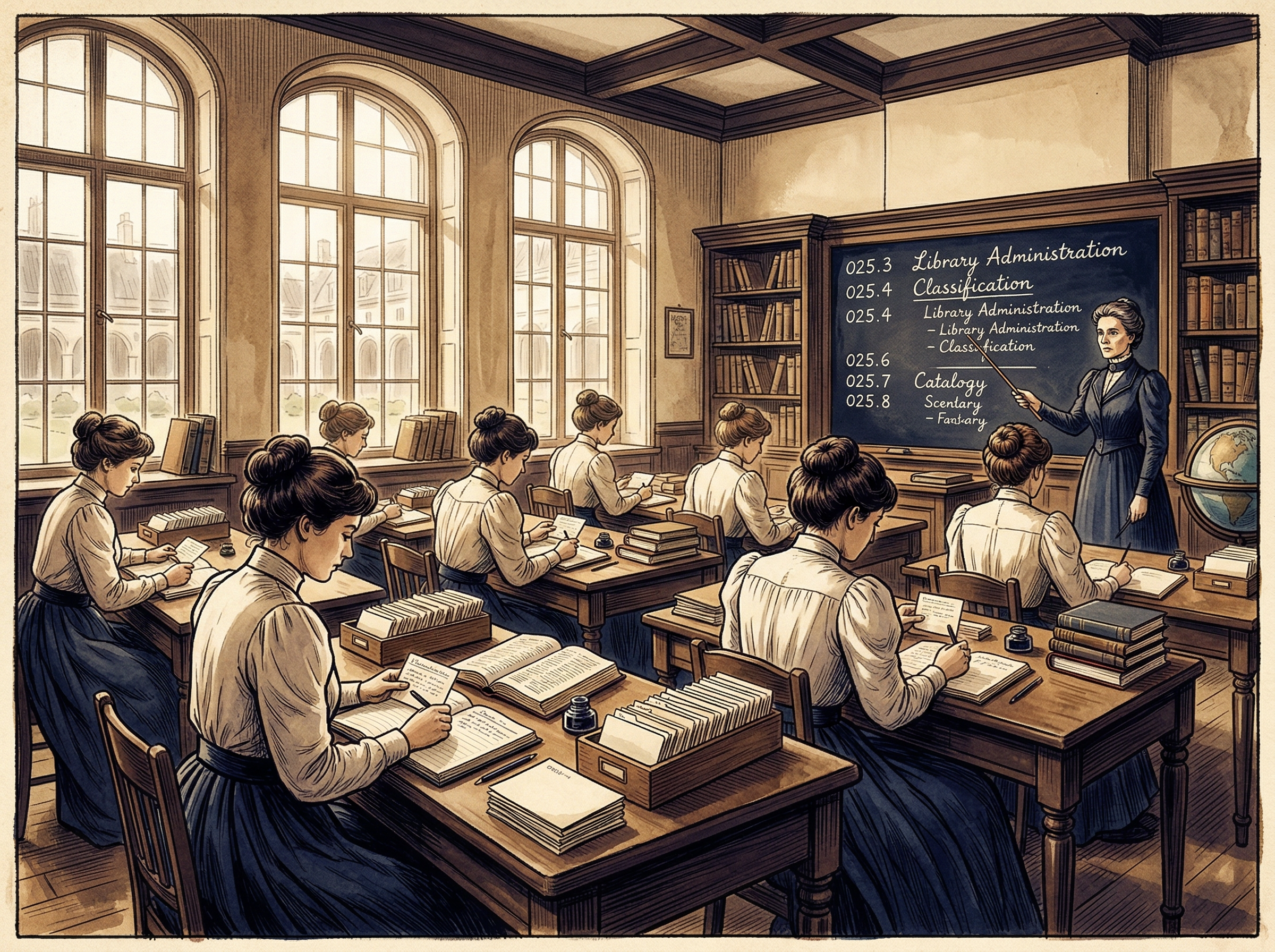 Victorian-era women learning cataloging in a 1890s library school classroom