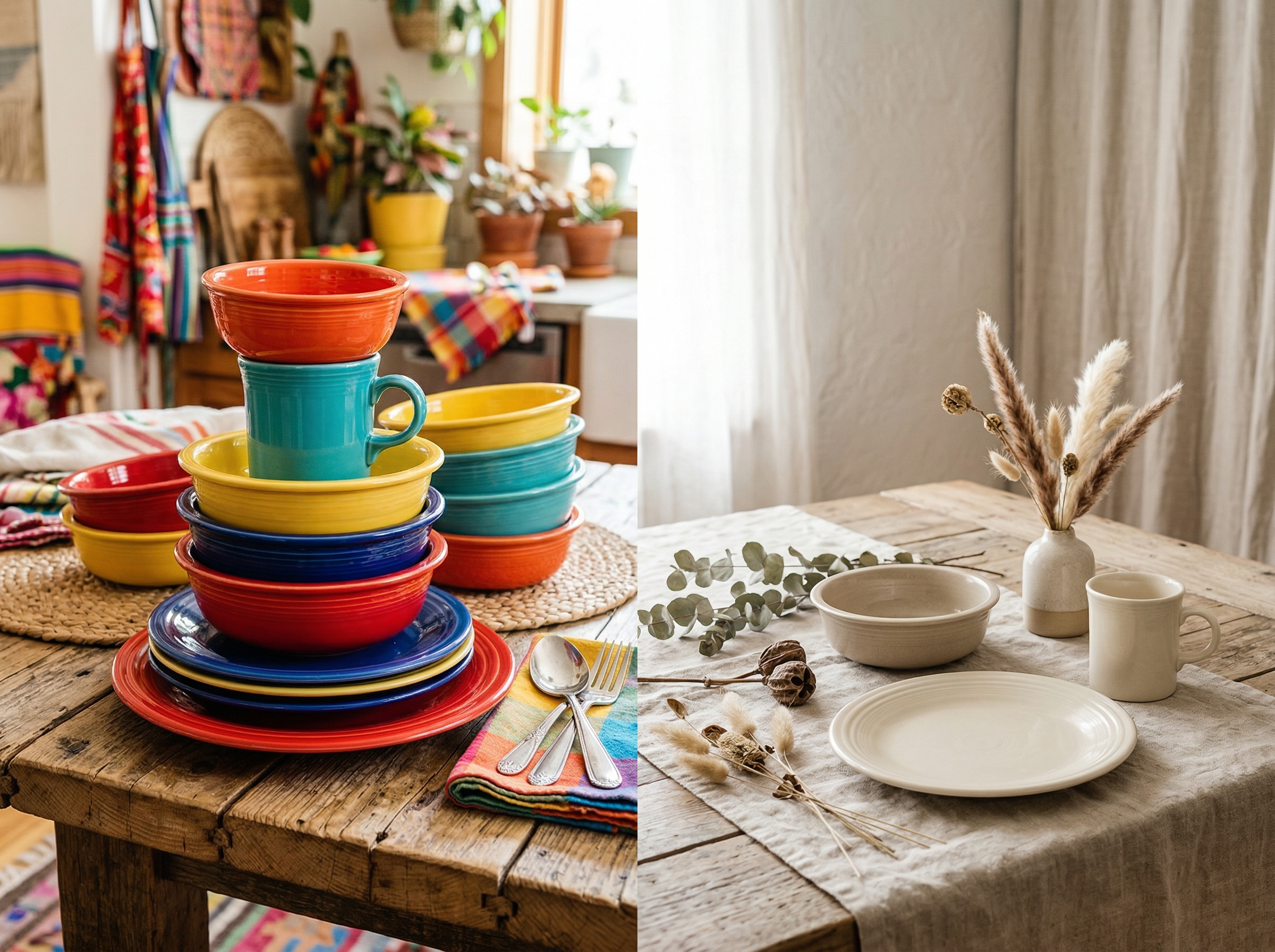 Split composition showing bold vibrant Fiesta colors on the left and calm neutral linen pieces with dried botanicals on the right
