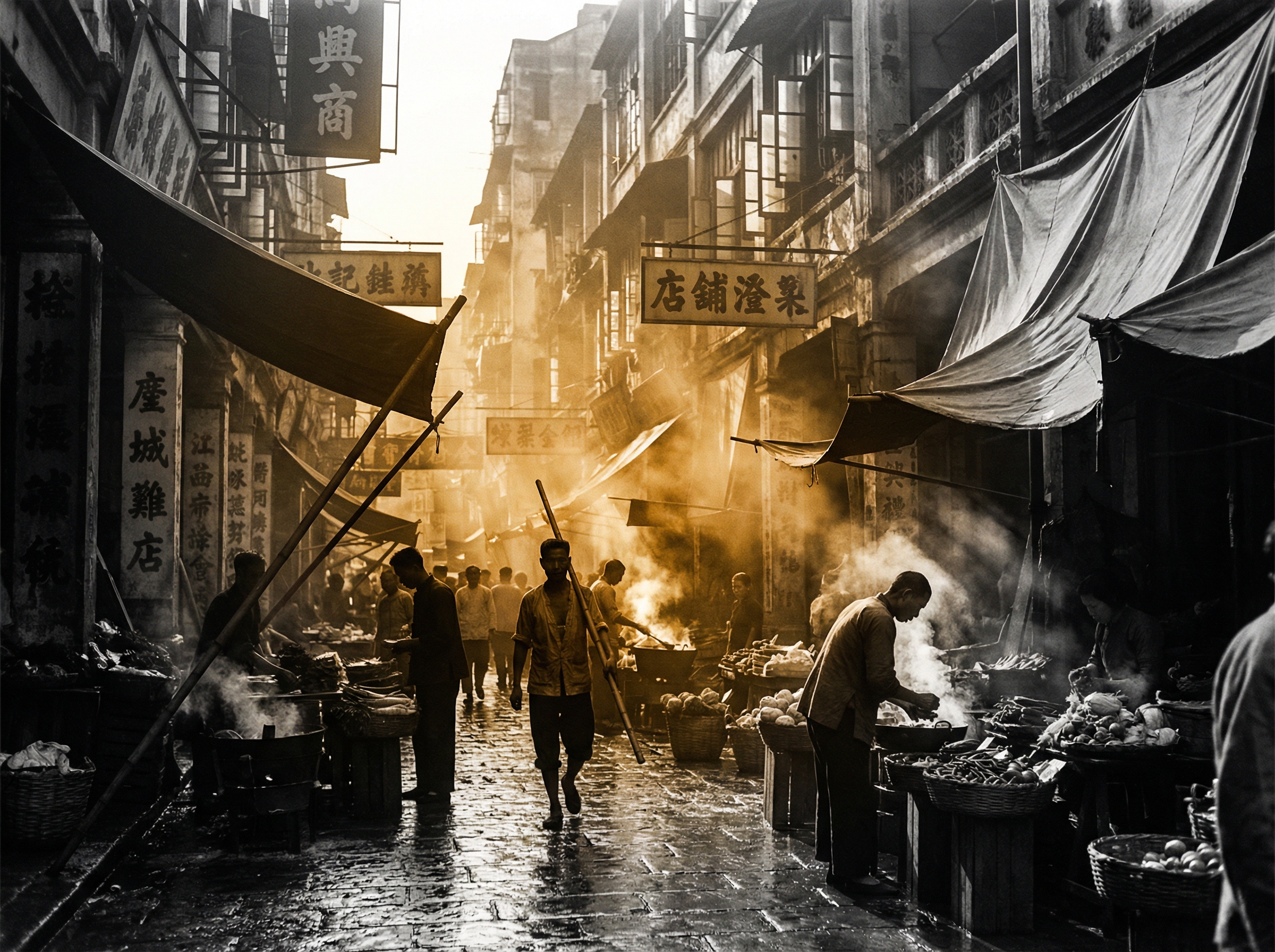 A 1950s Hong Kong street market with dramatic light shafts piercing through narrow alleys