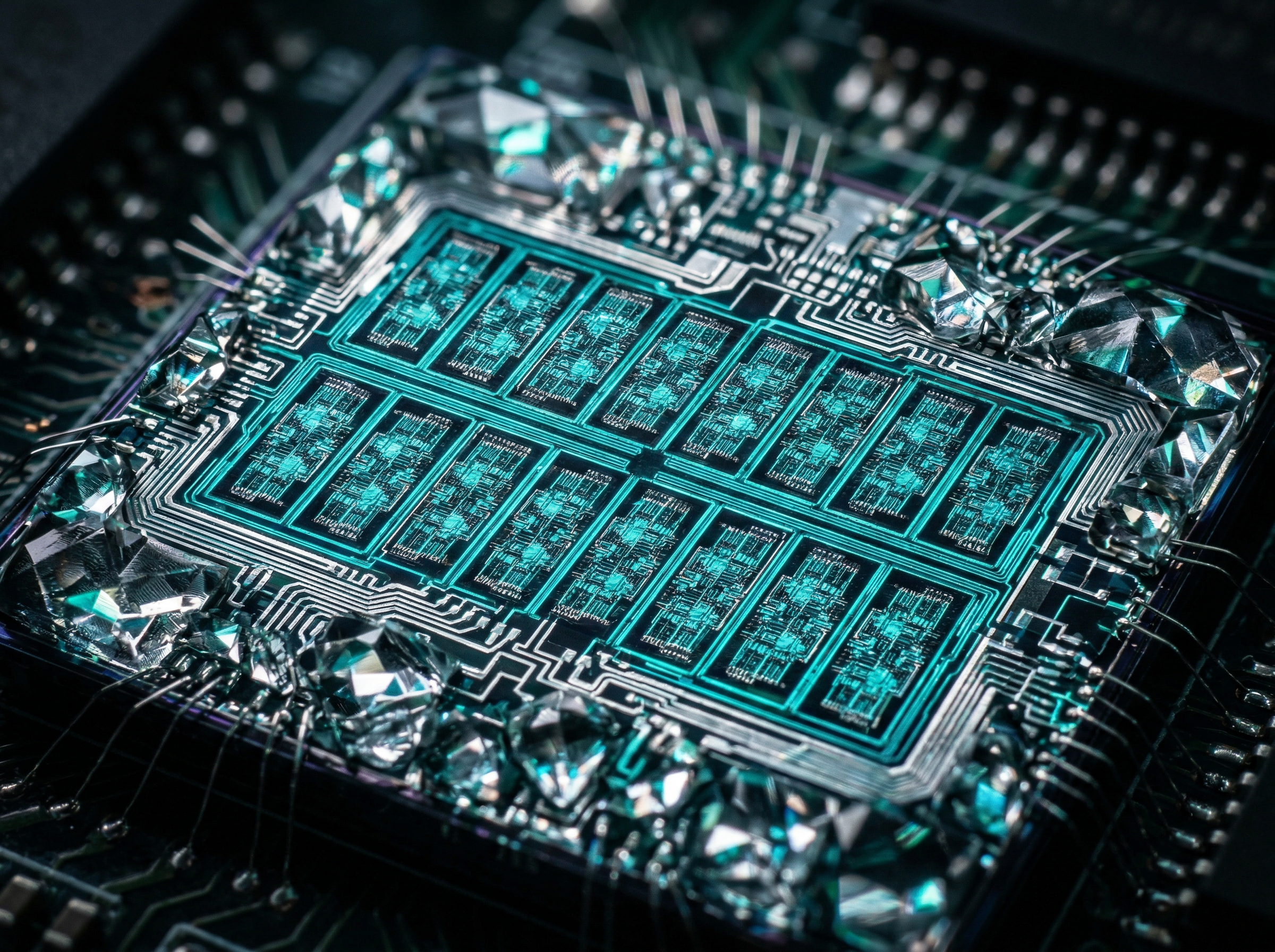 Macro view of futuristic M5 processor chip with teal silicon traces glowing under magnification
