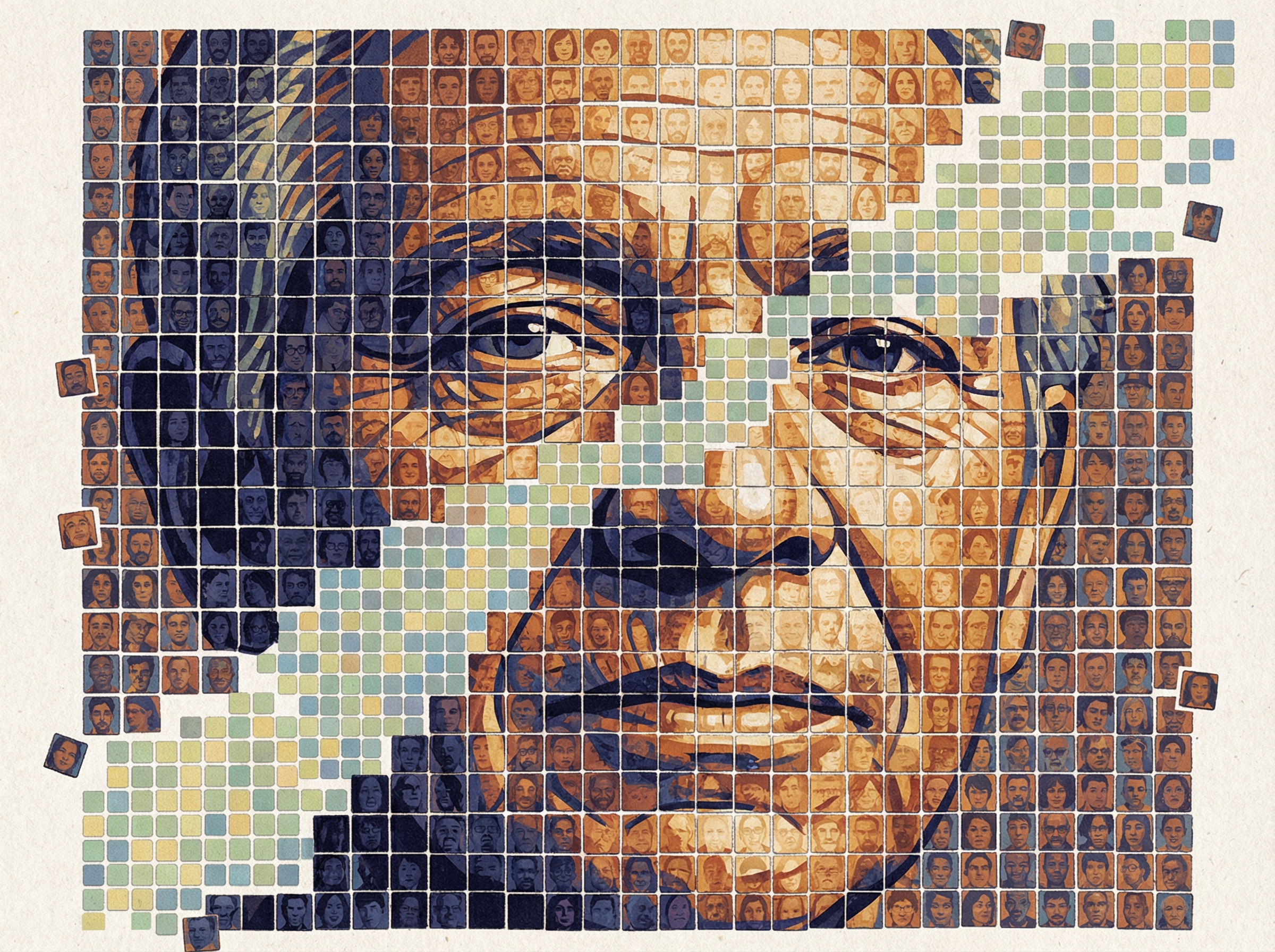 Mosaic portrait of America composed of diverse faces, tiles transitioning to new colors