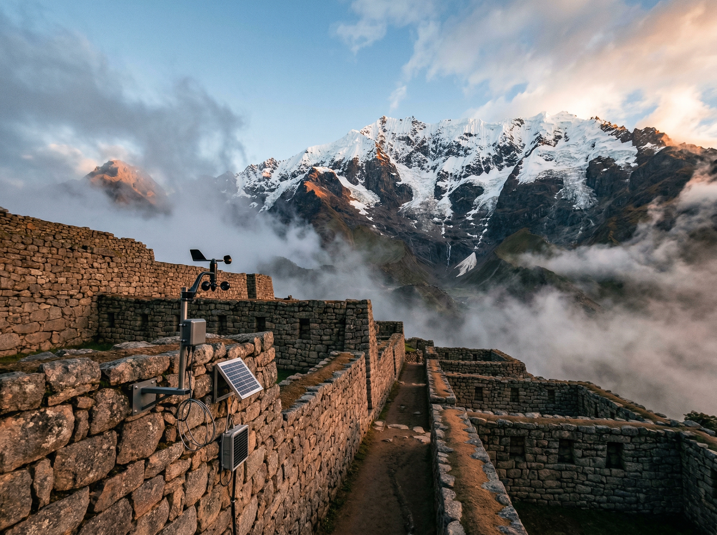 Machu Picchu ruins with environmental monitoring sensors and receding glacier backdrop