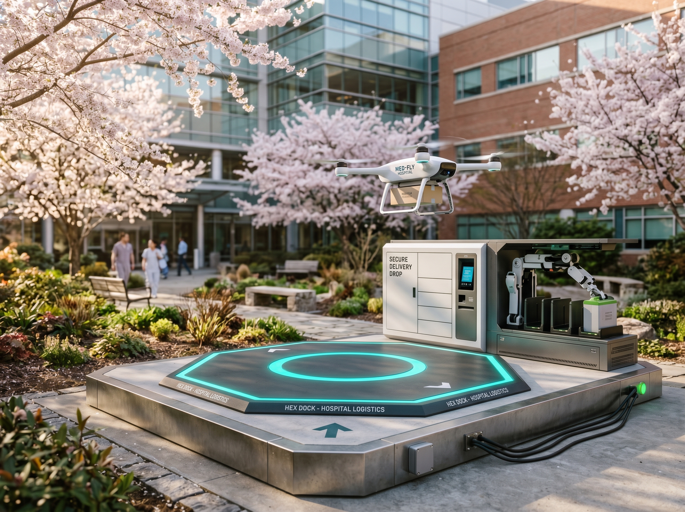 Automated drone micro hub with charging station in a hospital courtyard