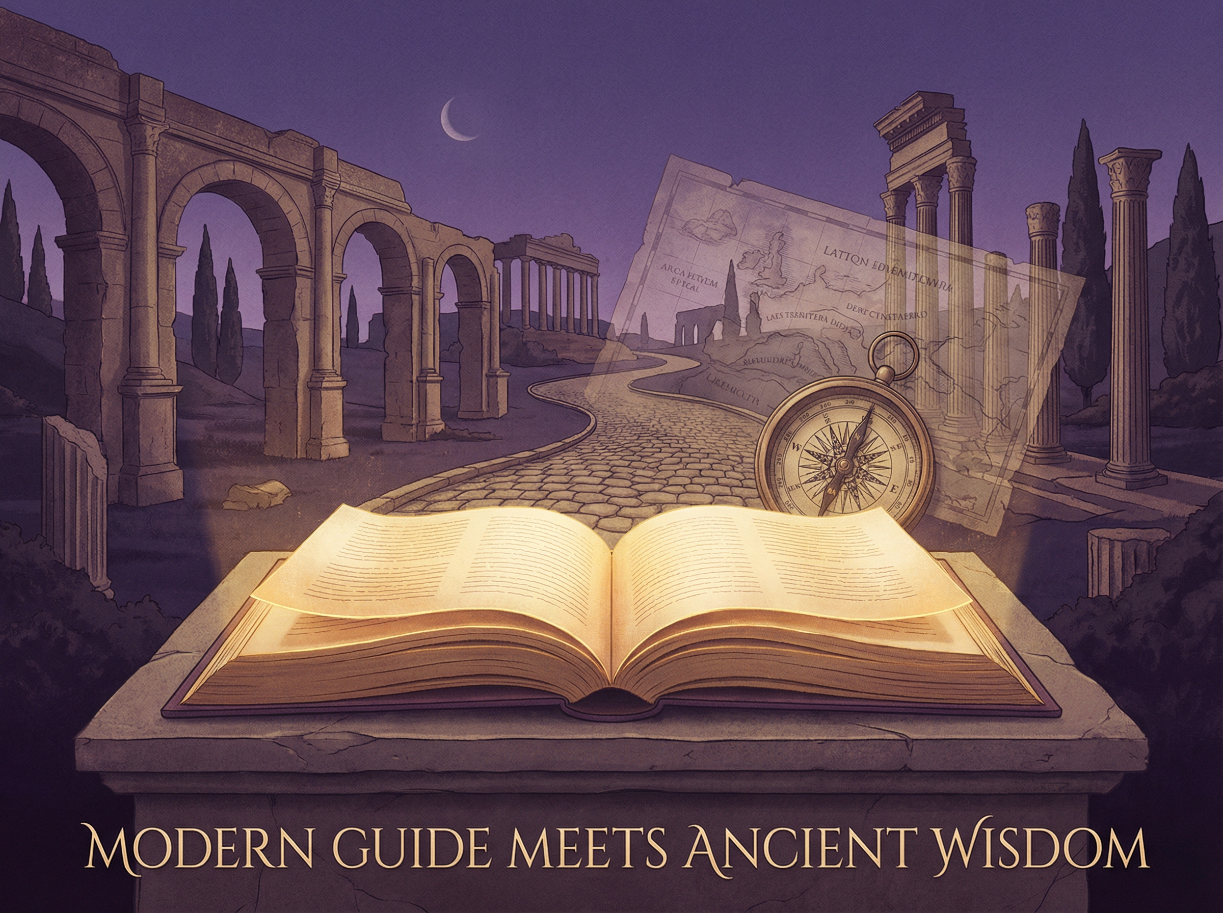 Open book radiating light, pages transforming into a winding road through ancient Roman landscape