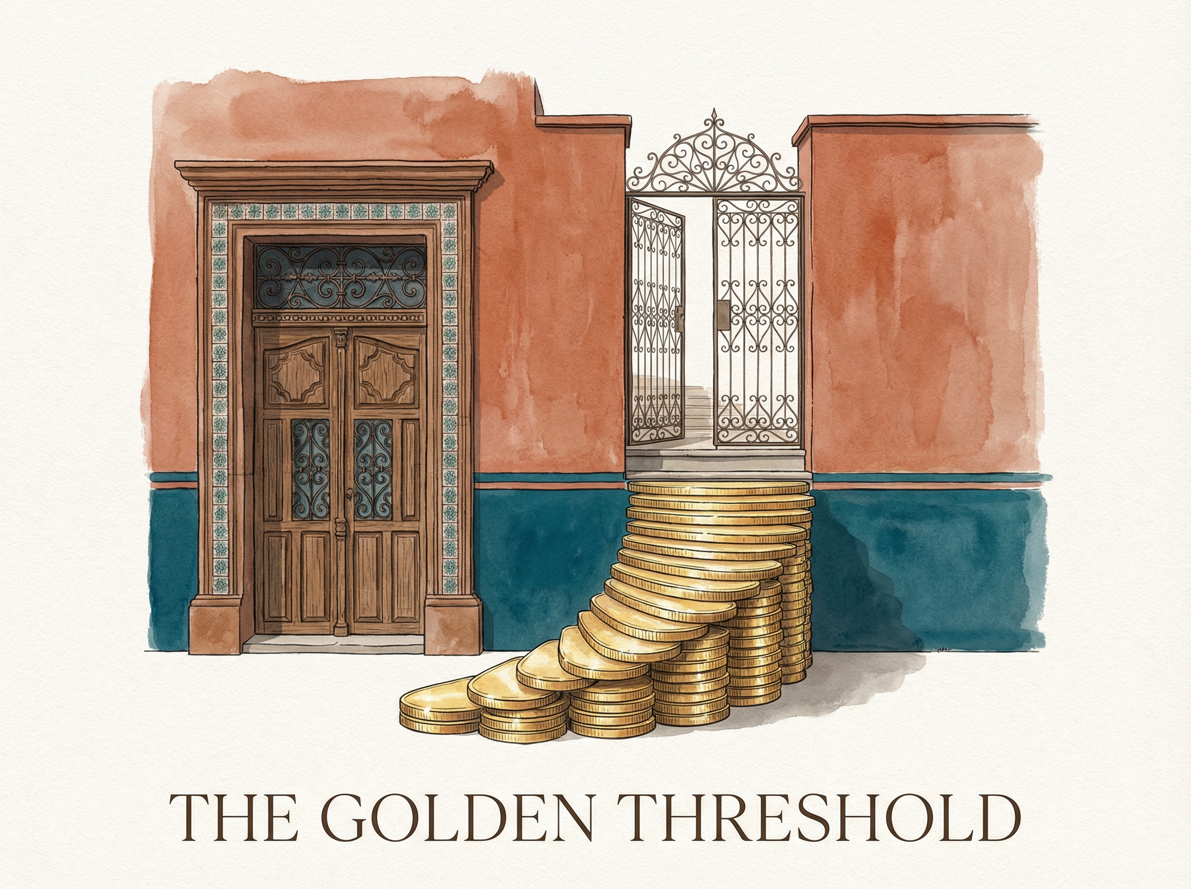 Mexican colonial doorway with staircase of golden coins, representing rising residency costs