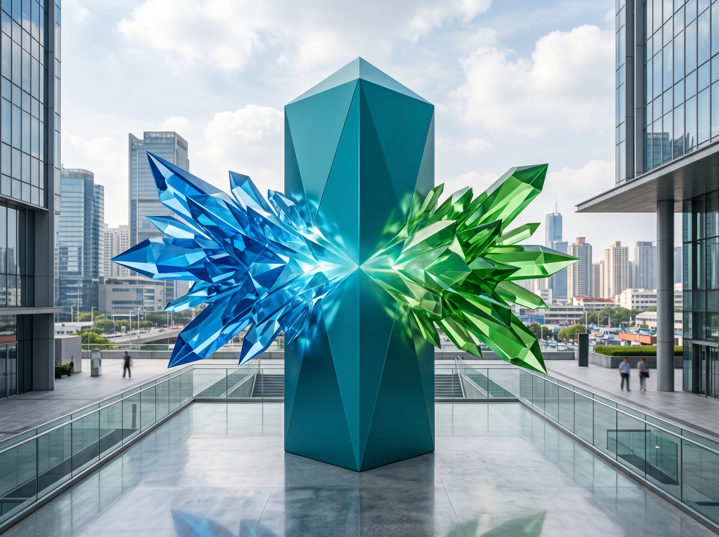 Two crystalline structures merging into a unified teal geometric framework
