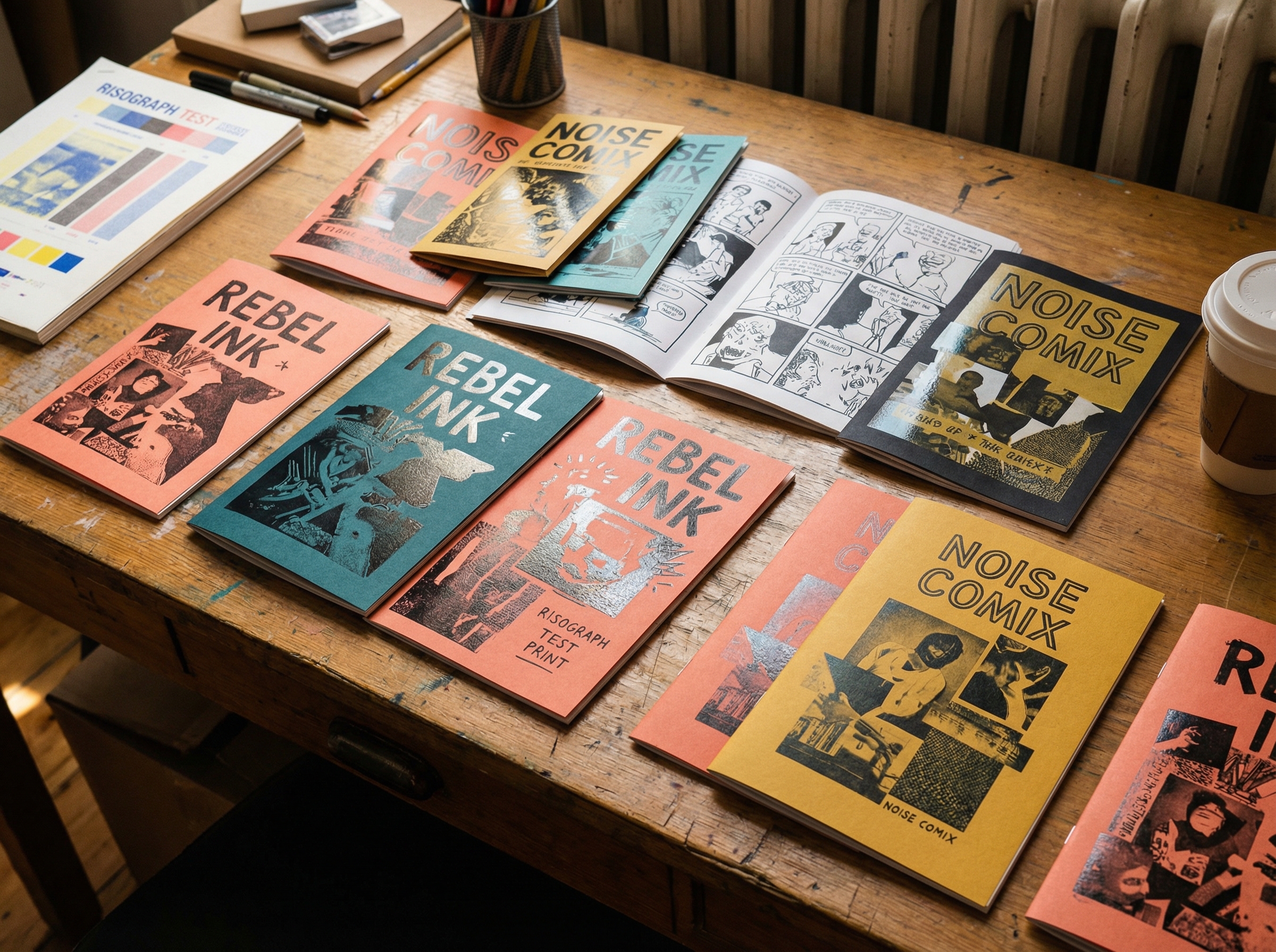 Indie zine aesthetic with colorful comic printing