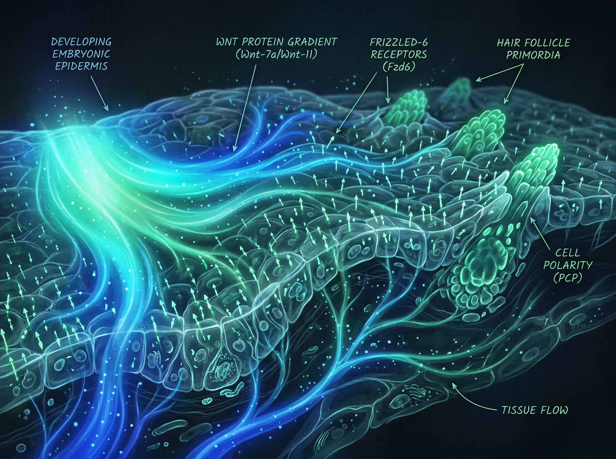Abstract scientific visualization of Wnt signaling pathways orienting hair follicles during embryonic development