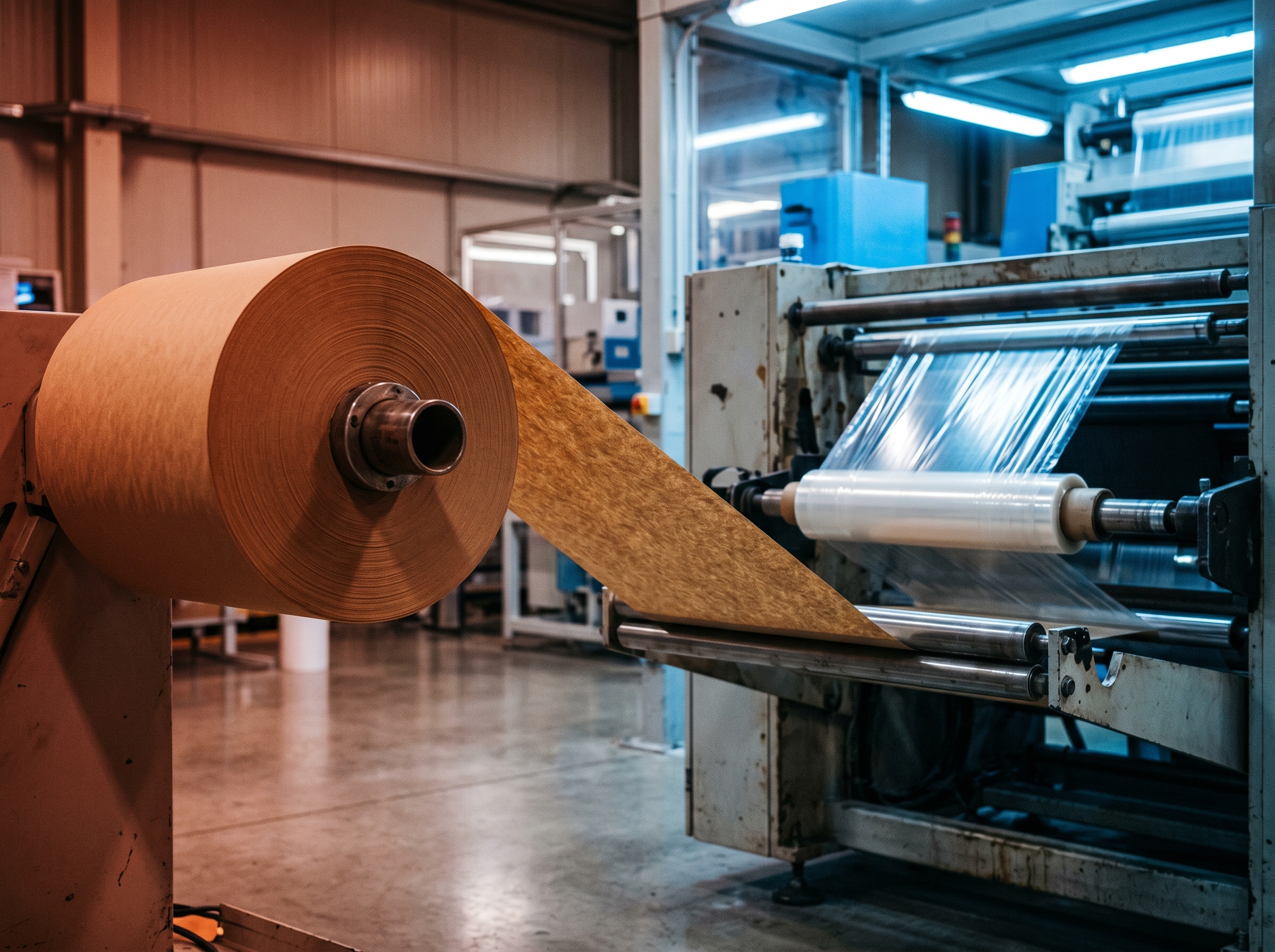 Brown kraft paper being unwound on an industrial wrapping machine, replacing plastic shrink film