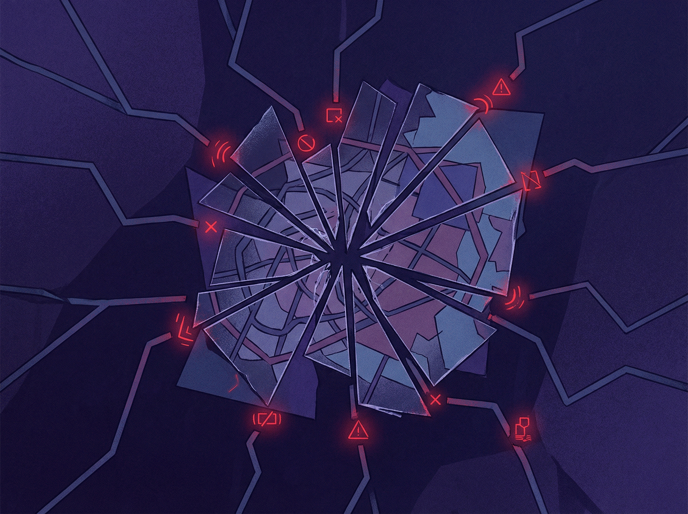 Abstract visualization of fragmented narrative lines diverging in contradictory directions
