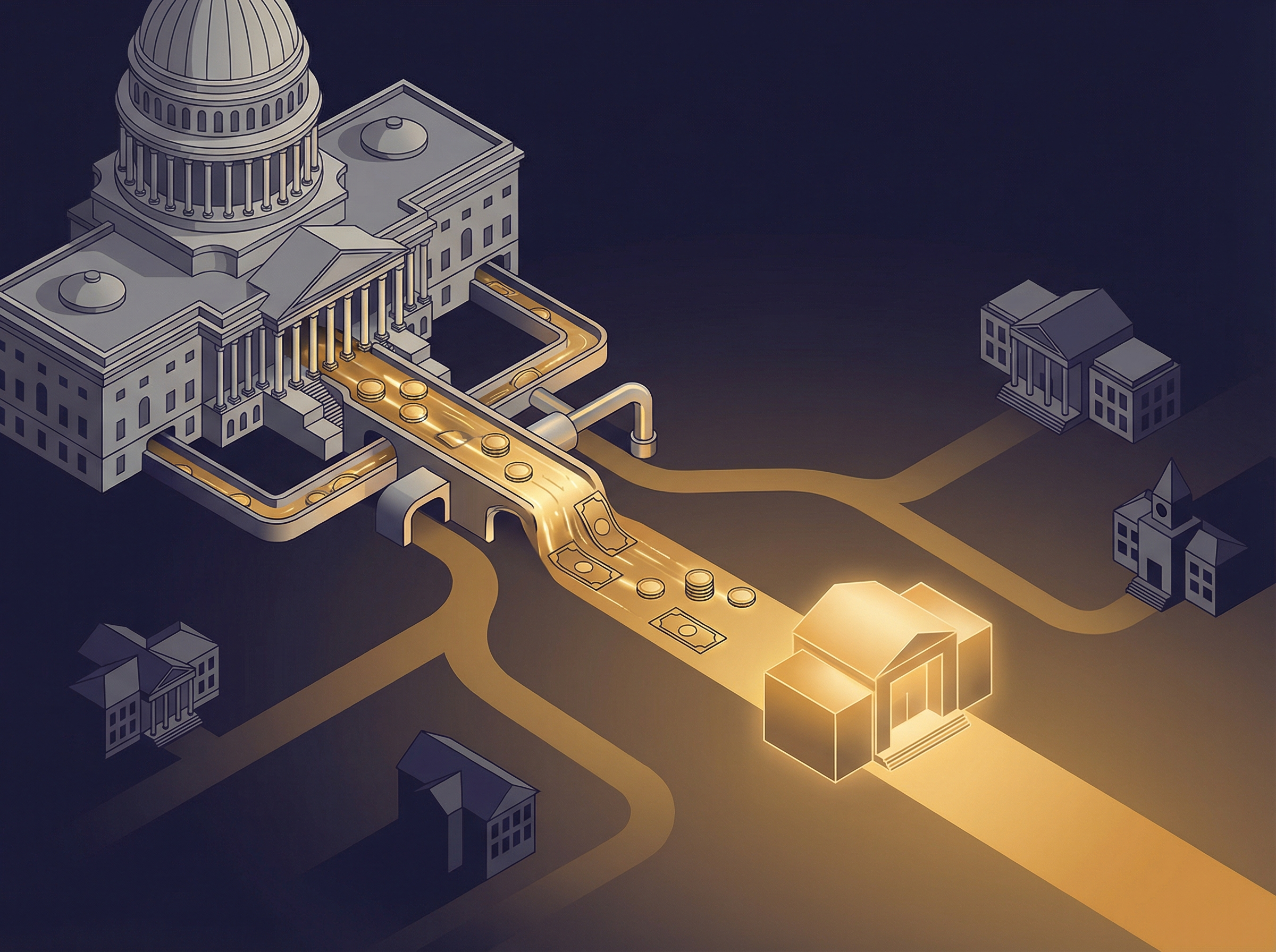 Editorial illustration of gold coins flowing from a government building toward a single illuminated path while others fade to shadow
