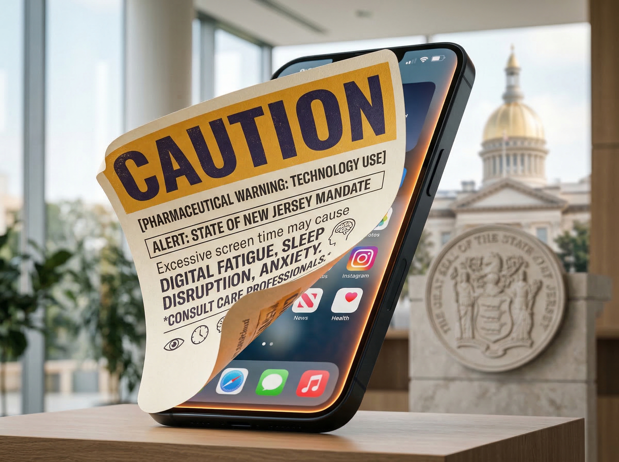 A pharmaceutical-style warning label peeling off a giant smartphone screen with New Jersey state imagery