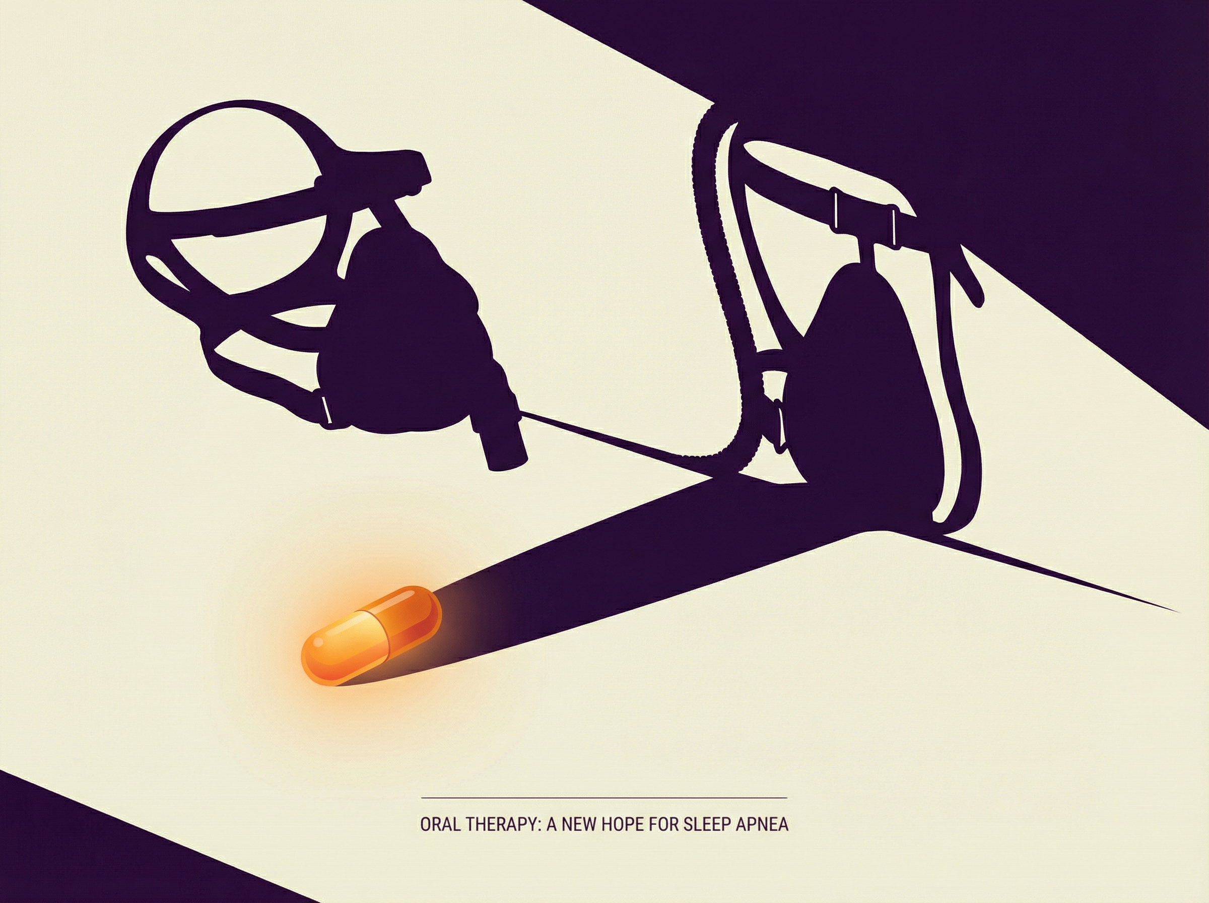 Pharmaceutical pill casting shadow shaped like a CPAP mask, minimalist medical illustration