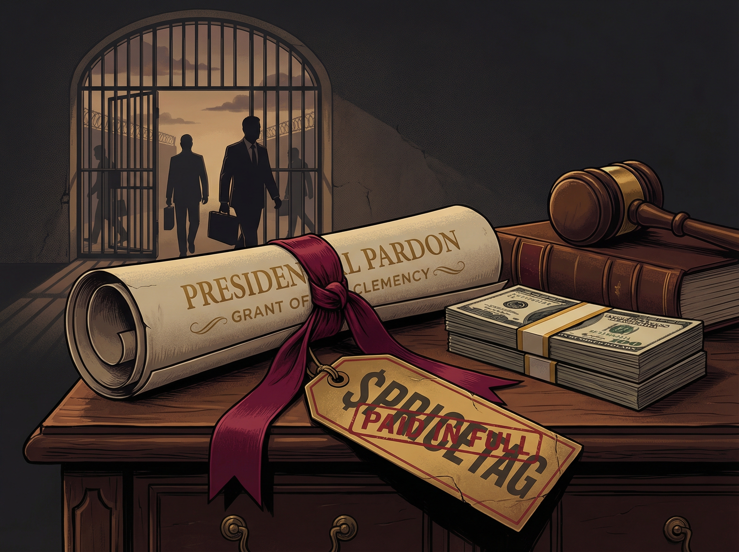 Presidential pardon document with price tag, symbolizing pay-to-play clemency