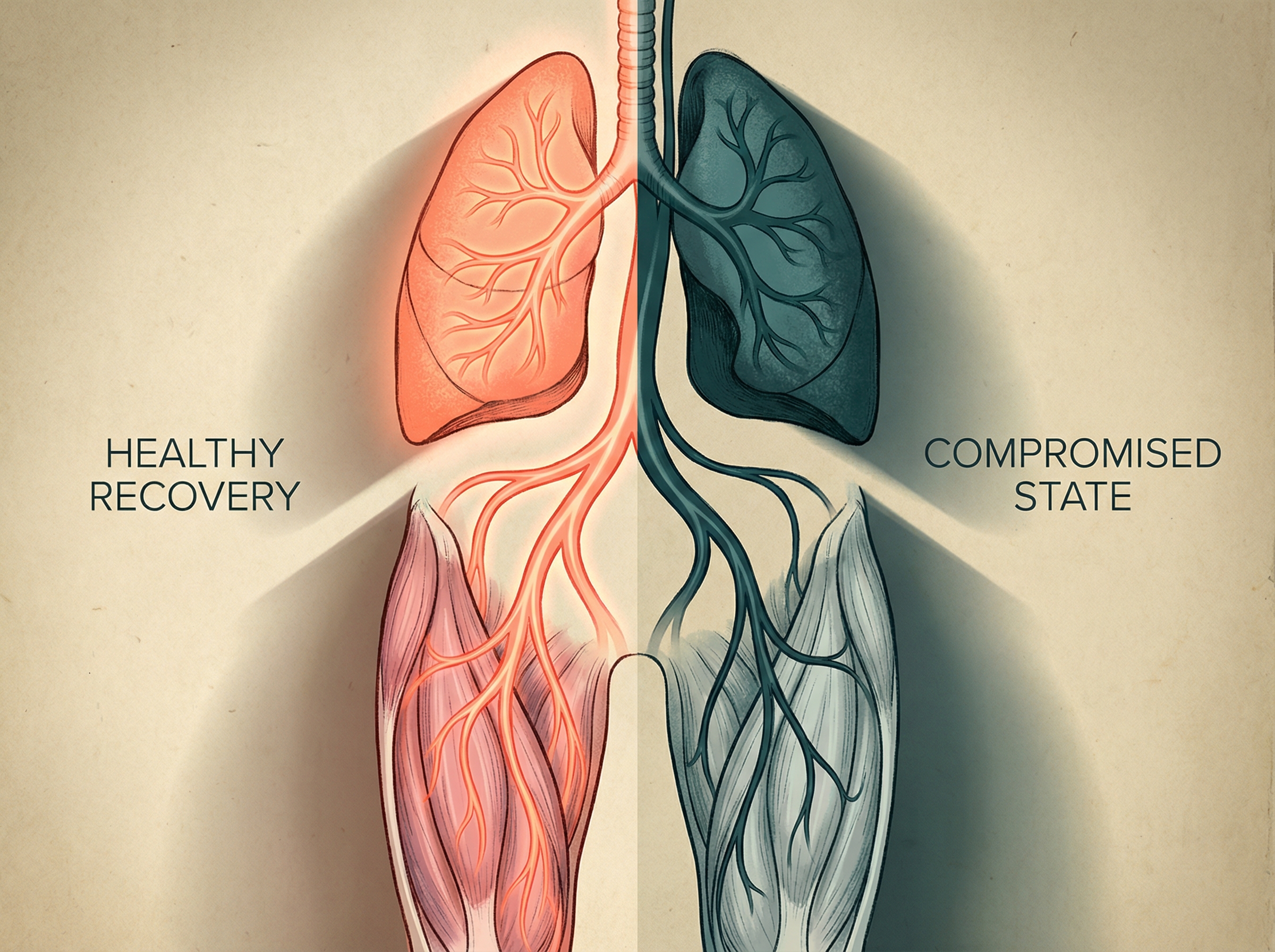 Visualization of lungs and leg muscles connected by blood vessels