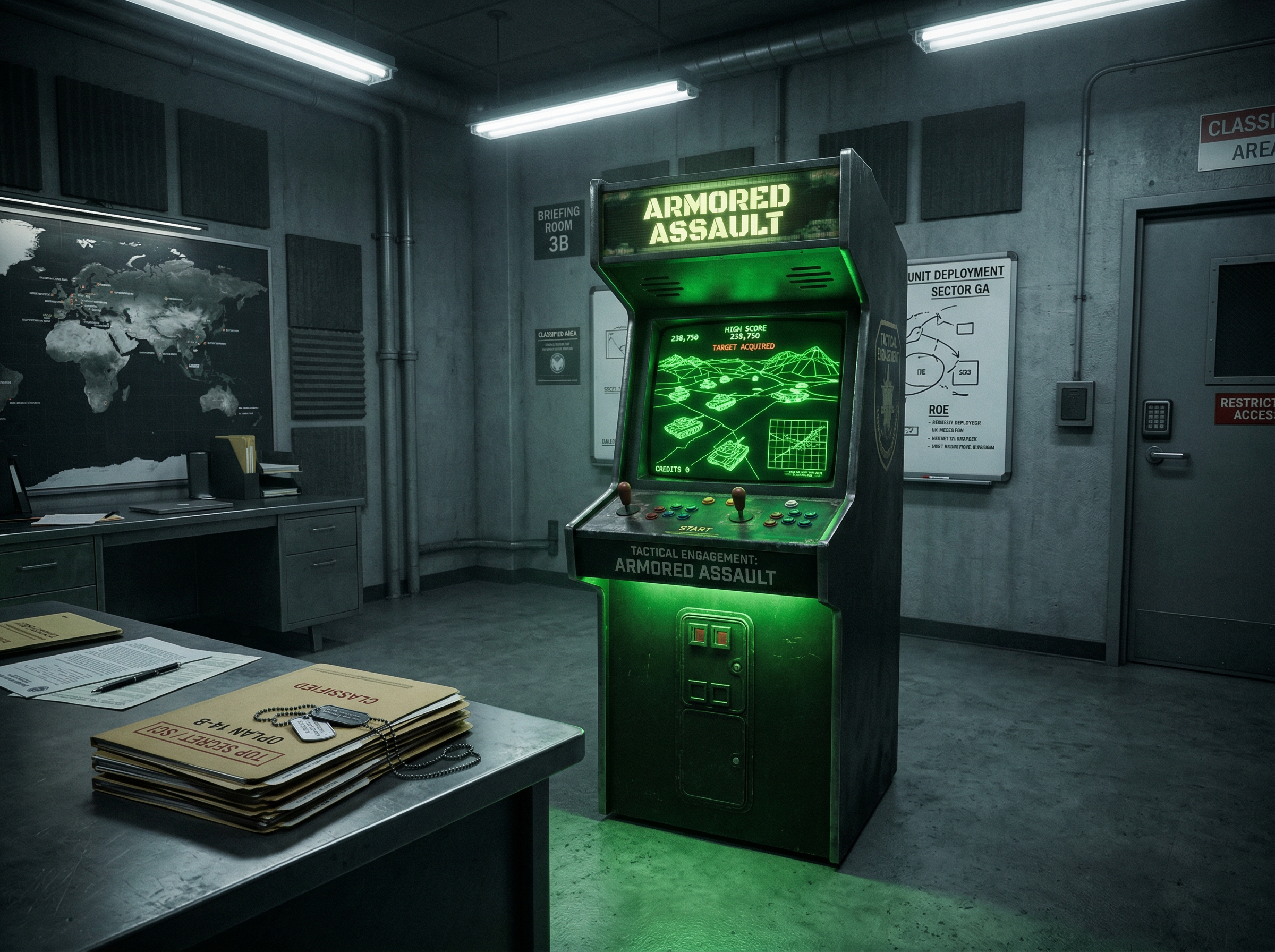 Military arcade cabinet in a Pentagon briefing room, green wireframe tank on screen contrasting with institutional setting
