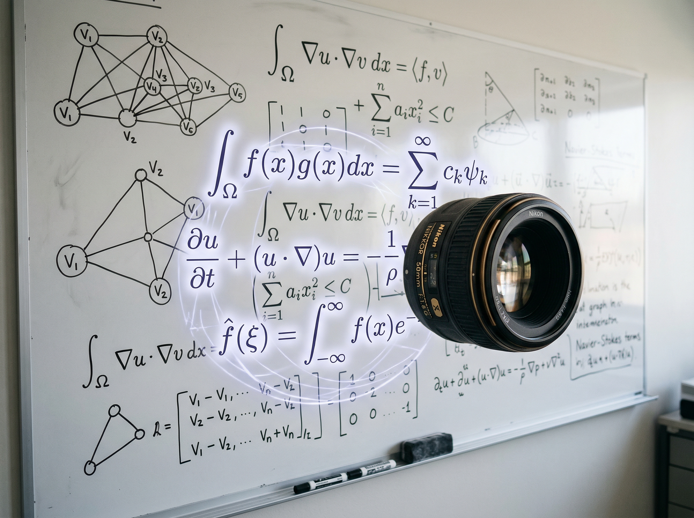 Camera lens viewing a mathematical diagram with LaTeX code overlay