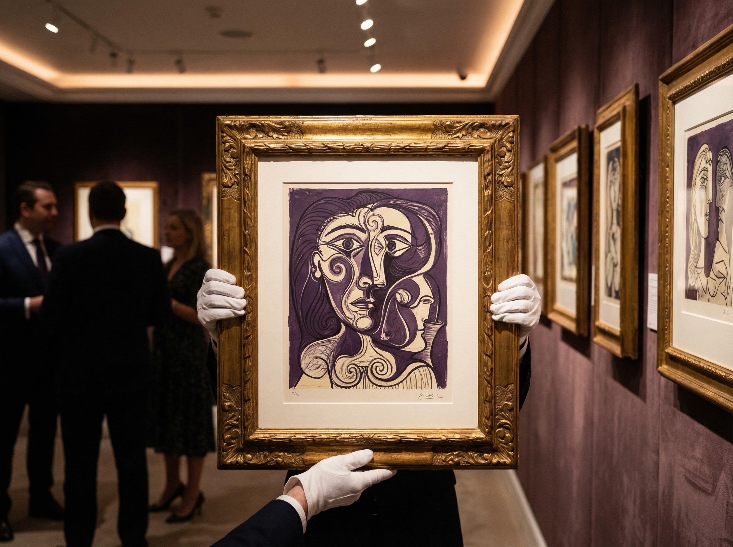Portrait lithograph prints in ornate frames being inspected at auction house