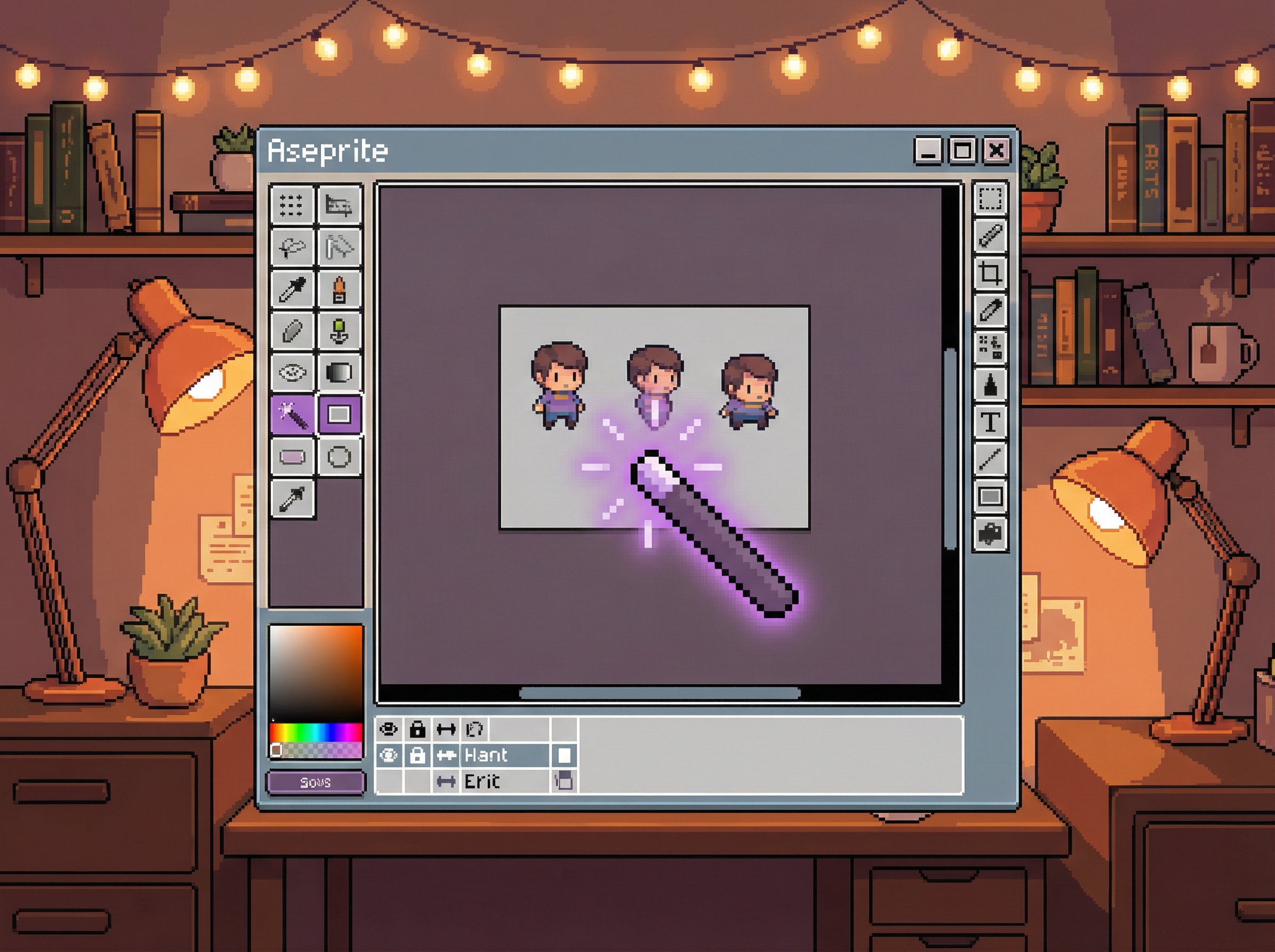 Pixel art workspace with Aseprite-style editor and AI tools generating character sprites