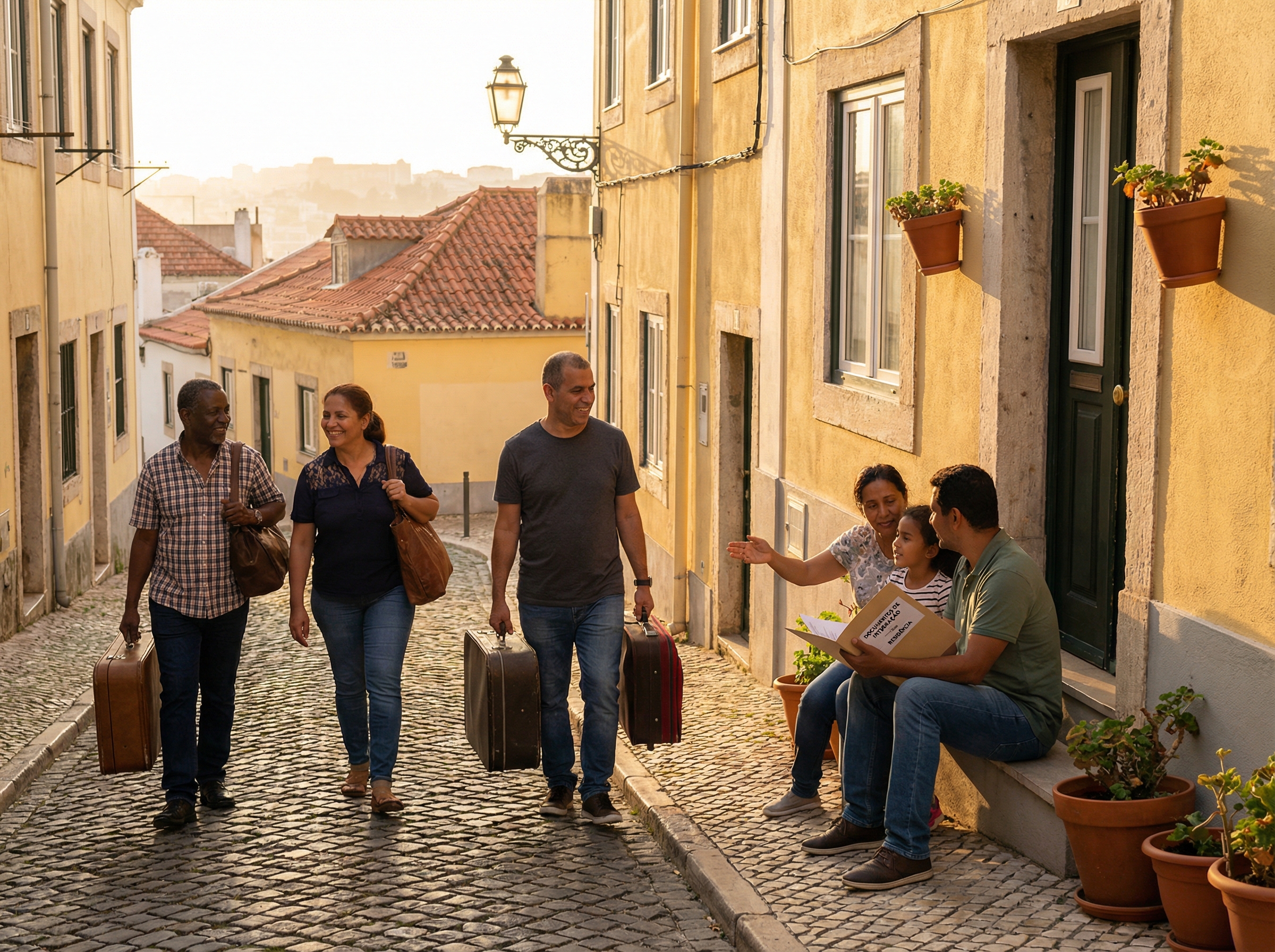Lisbon cobblestone streets with immigrant families in warm golden light