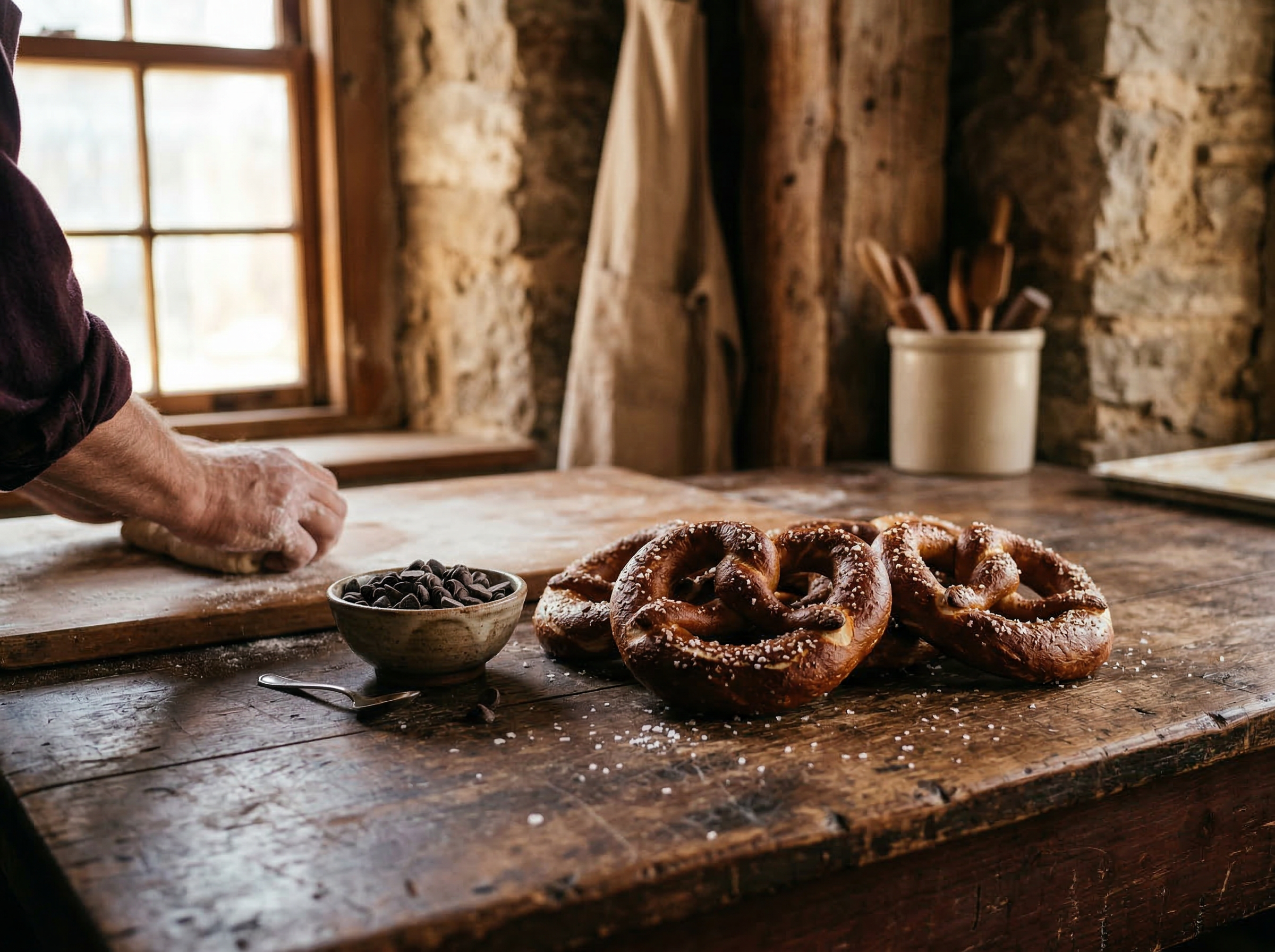 Artisan pretzel being hand-twisted in an old stone bakery, with Wilbur Buds chocolate nearby