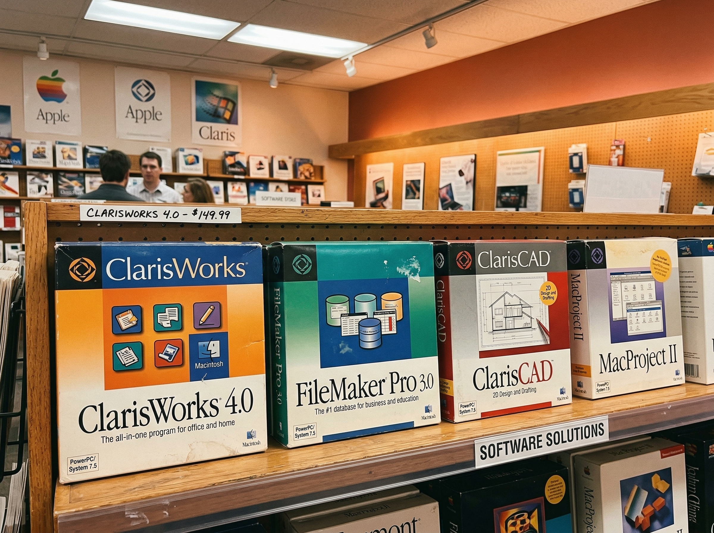 Colorful software boxes on a retail shelf including ClarisWorks, FileMaker Pro, and ClarisCAD