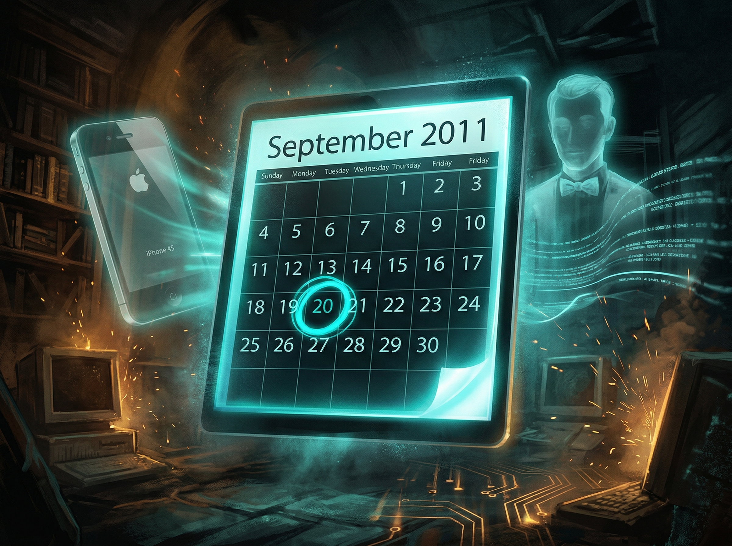 A glowing September 2011 calendar page surrounded by silhouettes of the devices that fulfilled the prophecy