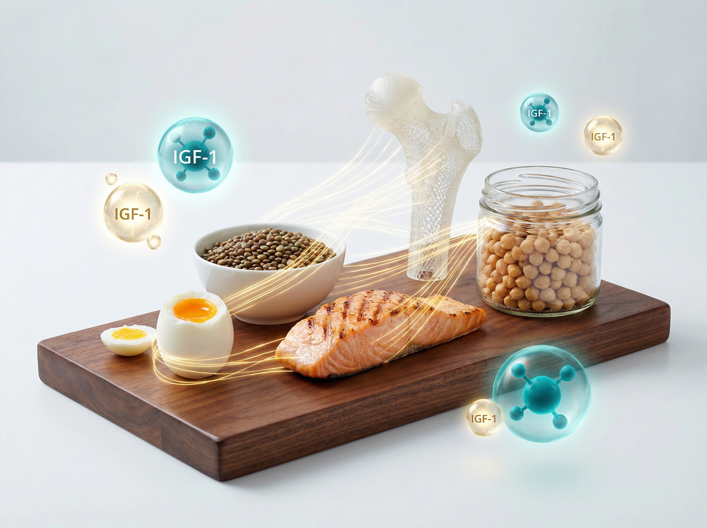 Protein-rich foods with ethereal golden light beams connecting to bone structure