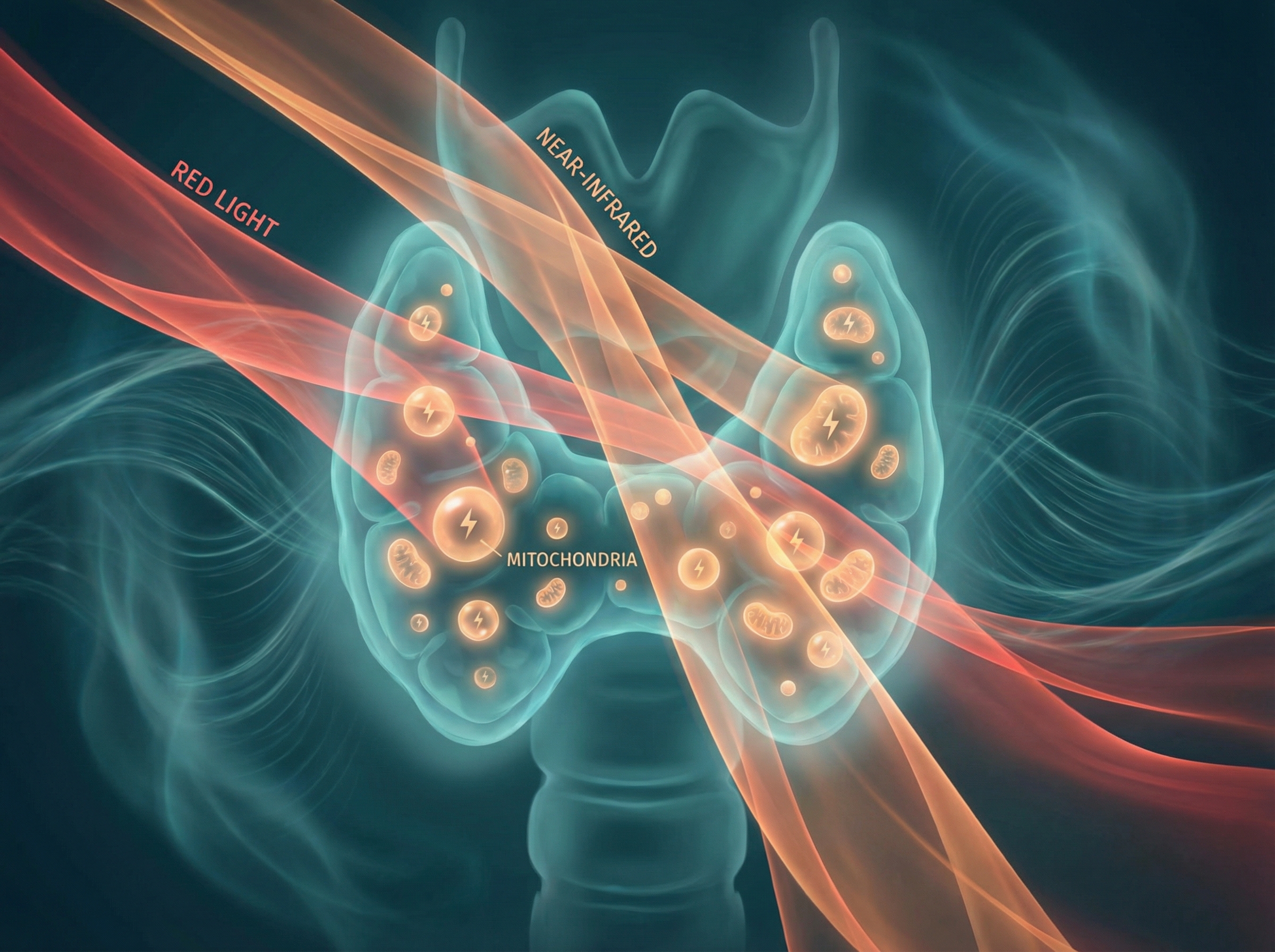Abstract visualization of red light therapy waves penetrating thyroid tissue