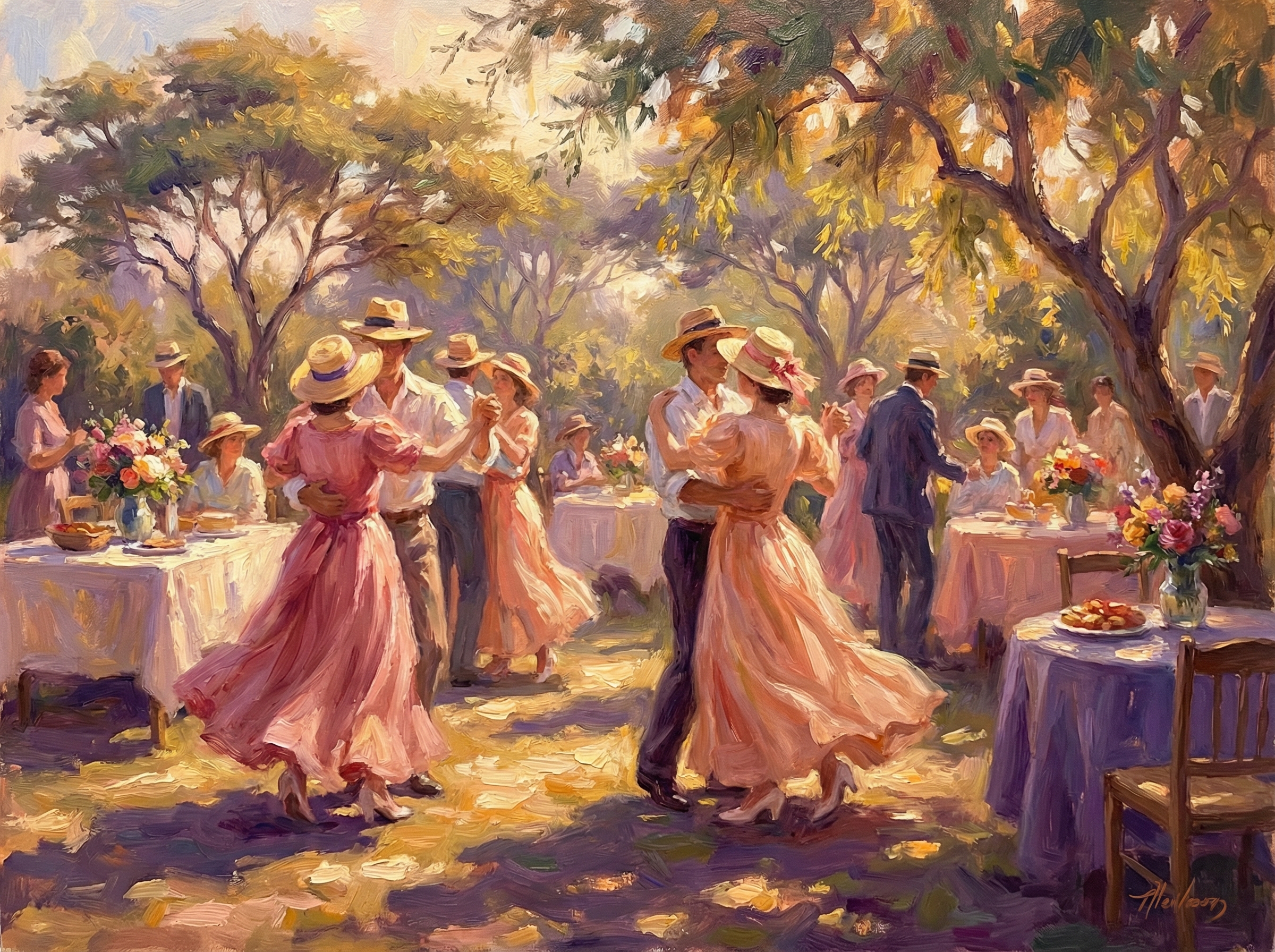 Dappled sunlight through trees onto an outdoor dance, celebrating joie de vivre
