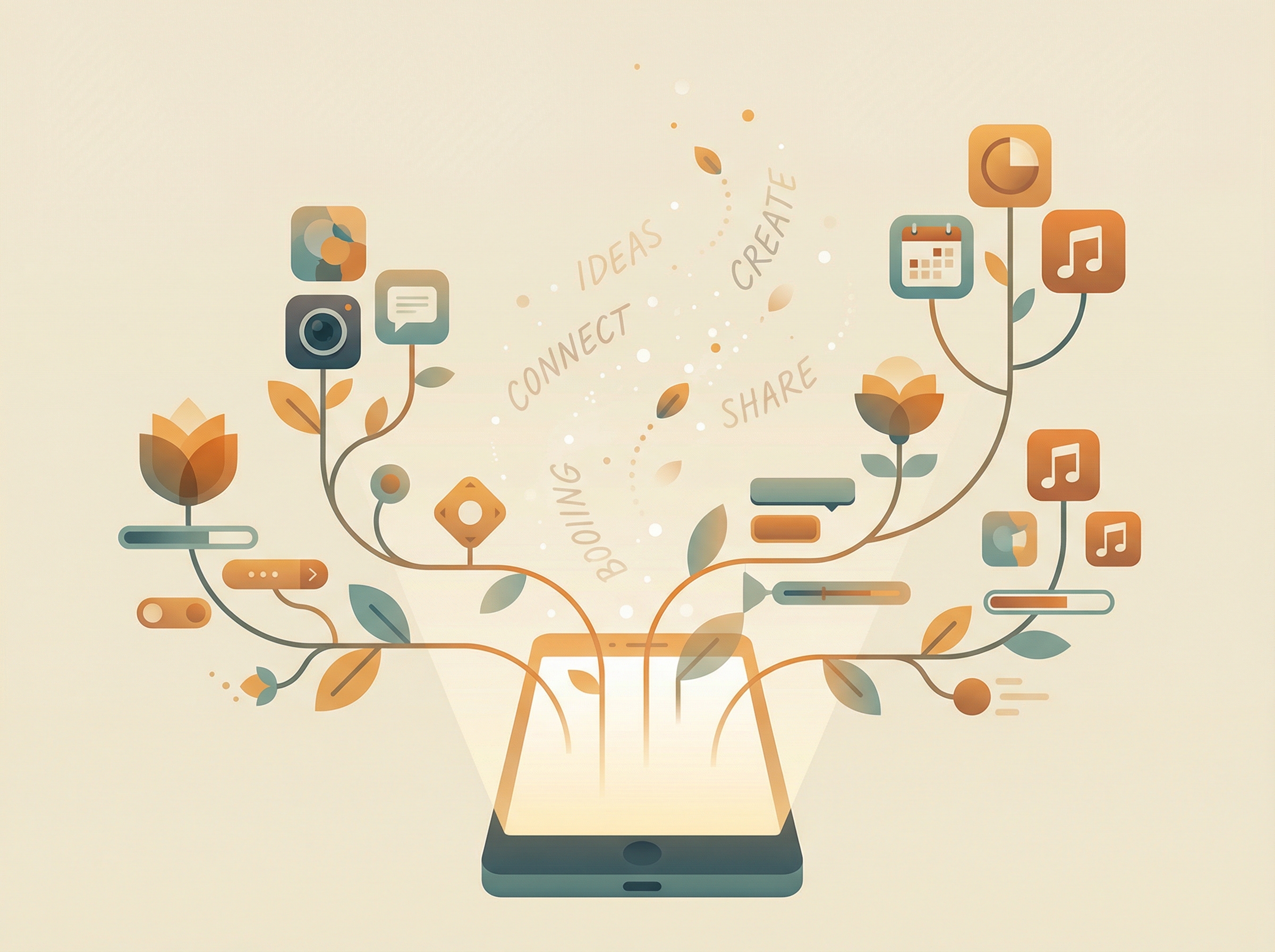 Smartphone screen blooming into a garden of app icons, natural language transforming into applications