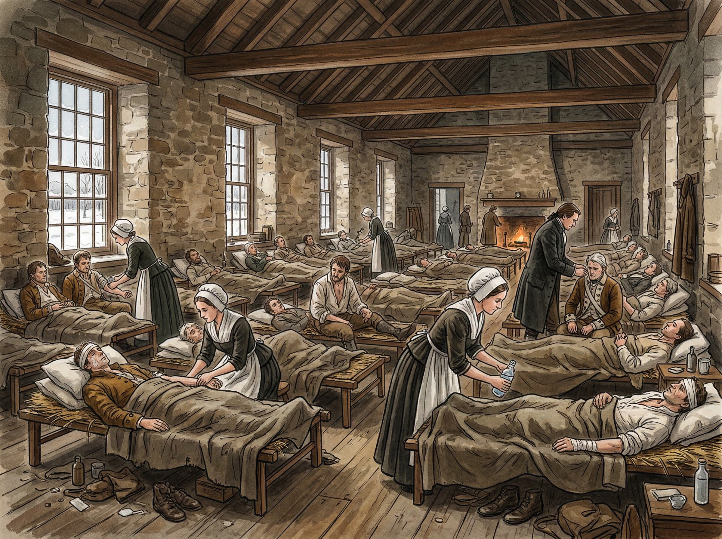 Continental Army hospital in a Moravian Brethren's House, wounded soldiers on cots tended by Moravian women