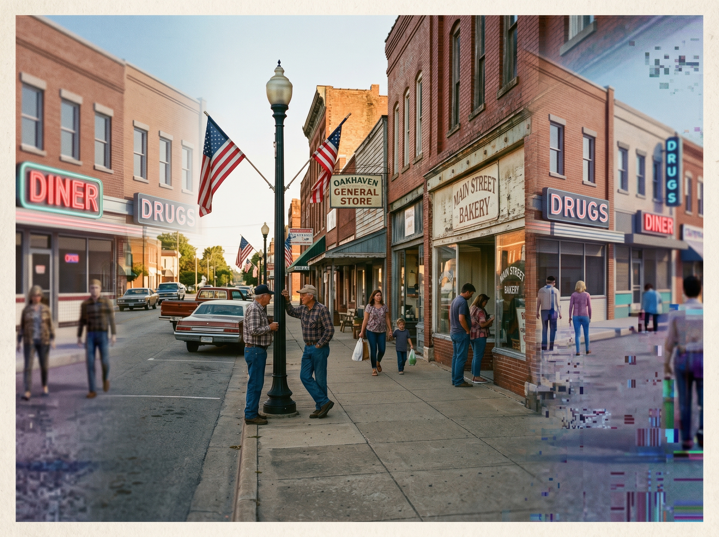 A small rural town dissolving into generic AI noise at its edges, authentic buildings fading into stereotypical imagery