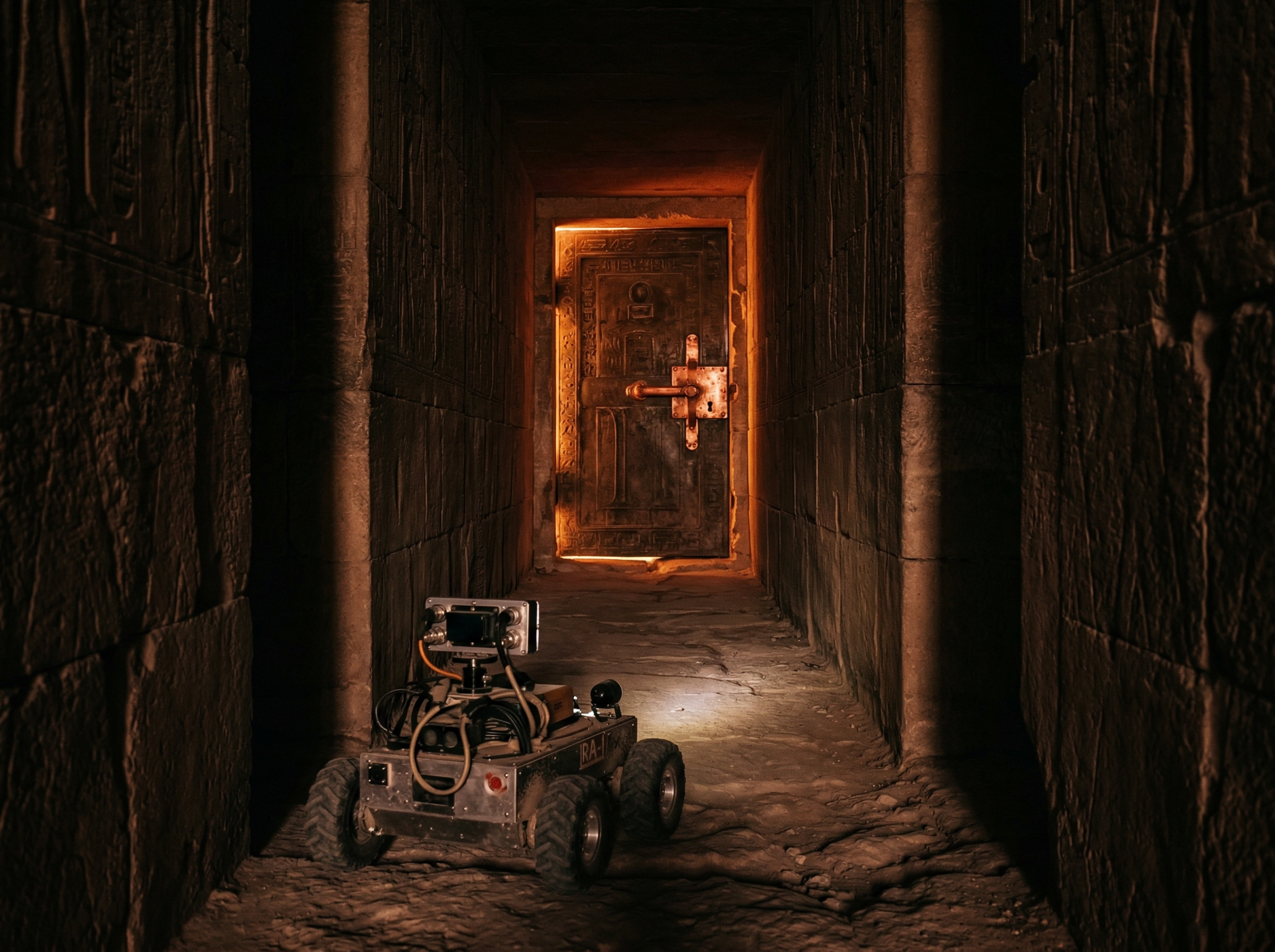 Dark corridor inside the Great Pyramid with a sealed stone door at its end