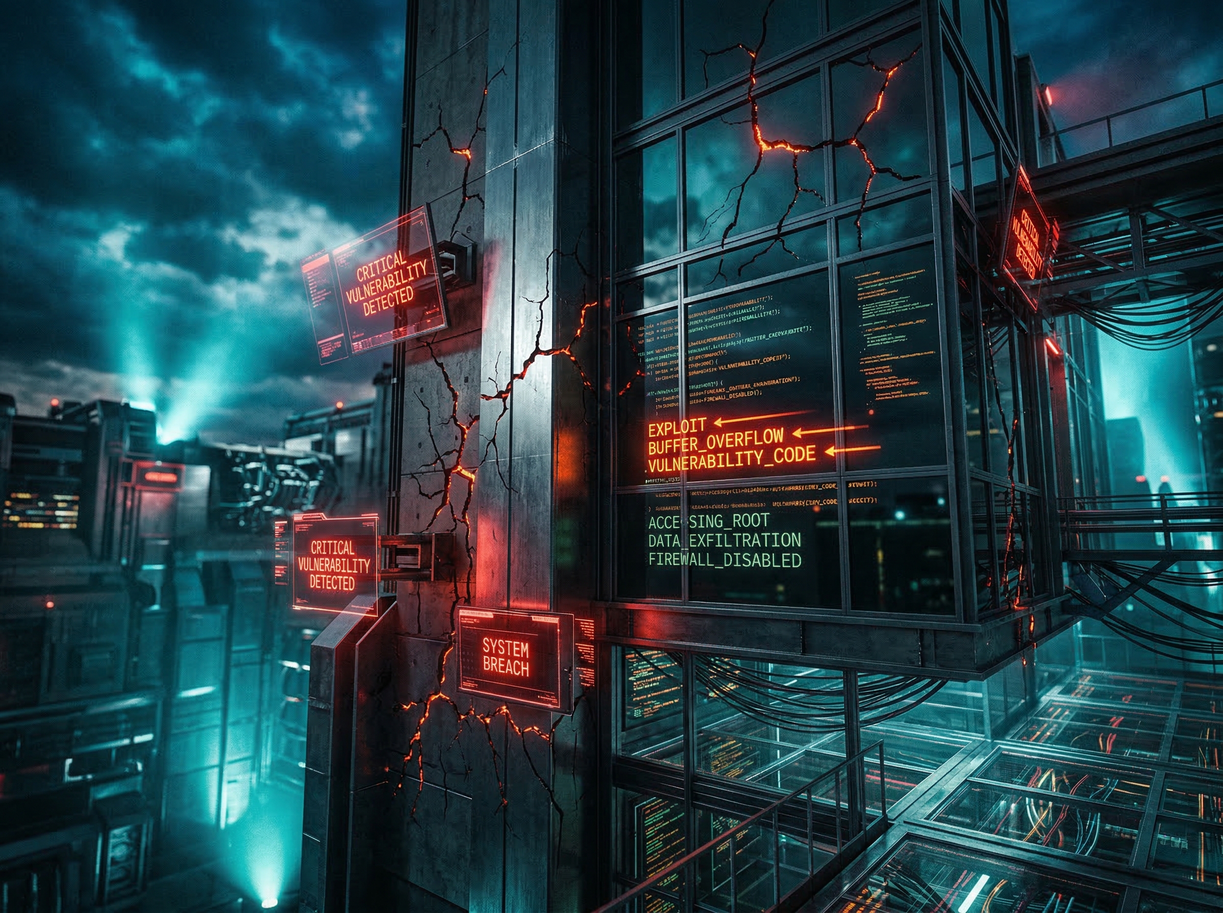 Digital fortress with cracks showing AI code vulnerabilities