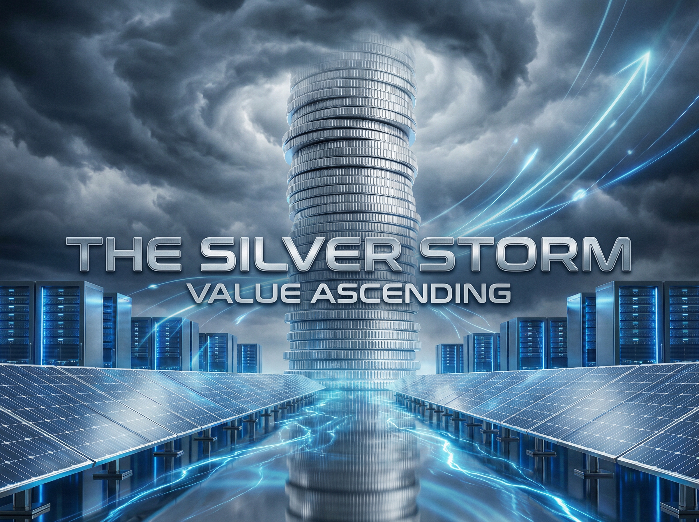 Silver coins stacked with solar panels and AI servers