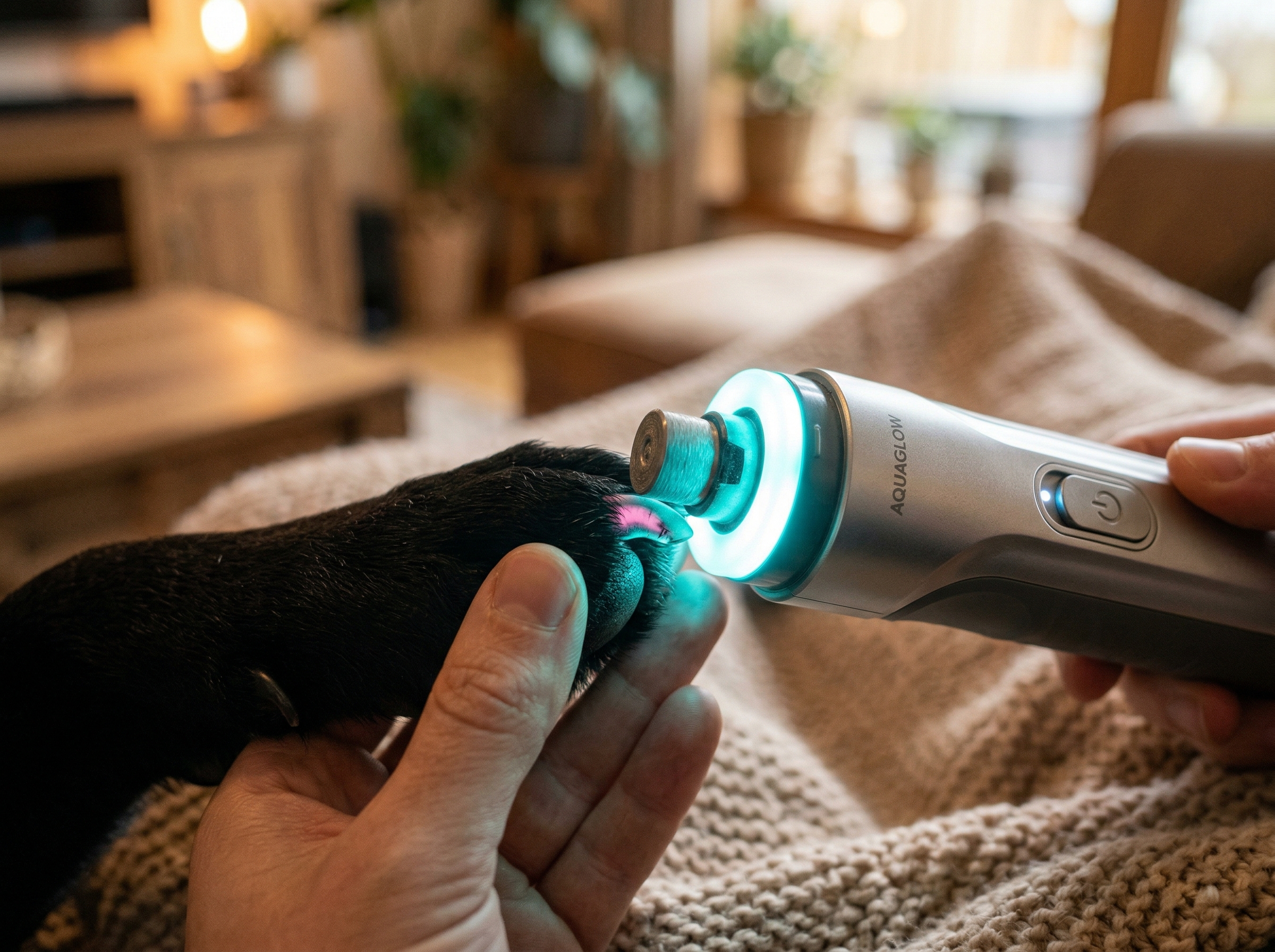 A futuristic pet nail grinder with glowing LED lights illuminating a dark dog nail