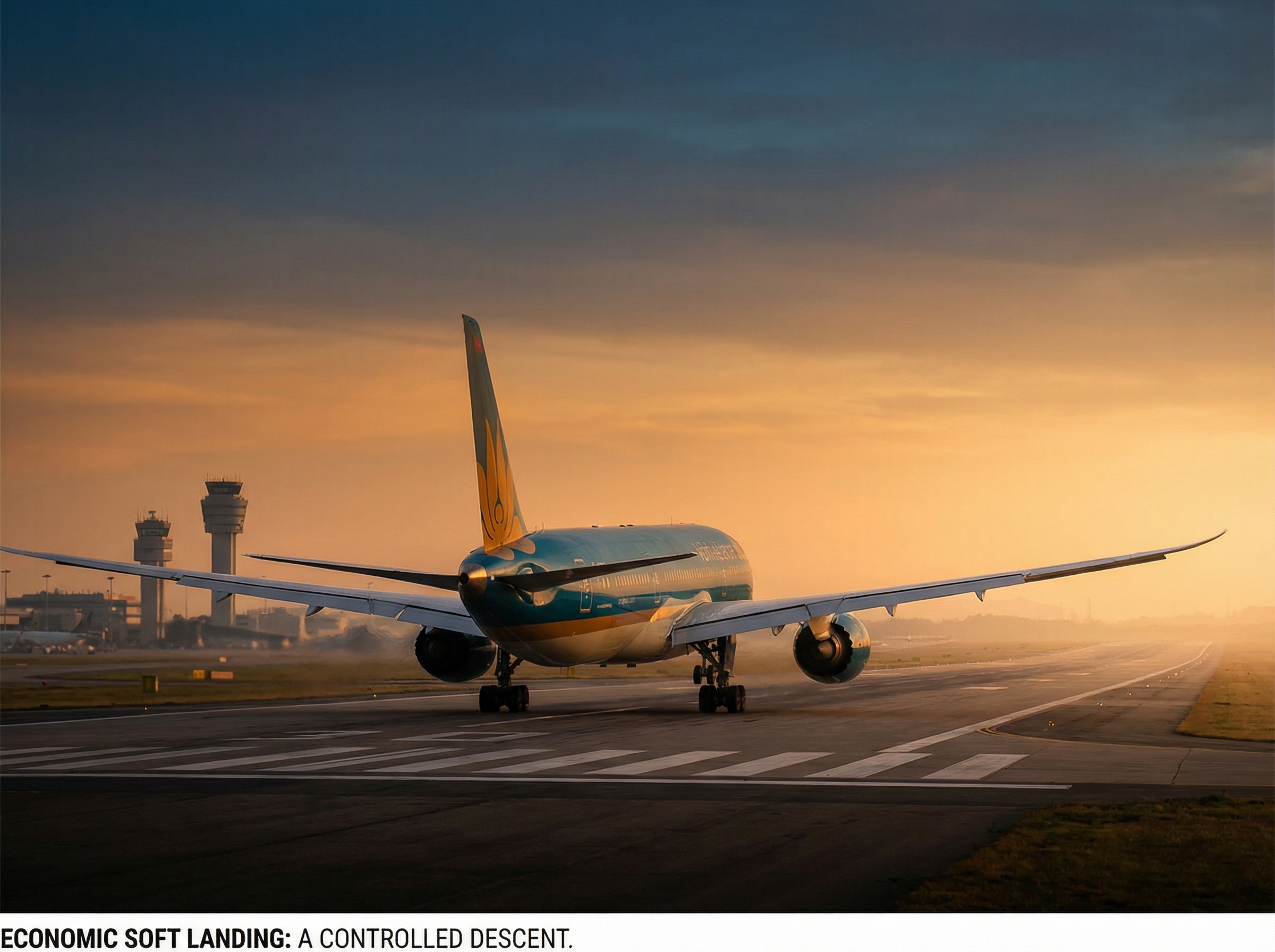 Commercial airplane making a smooth landing at sunset, metaphor for economic soft landing