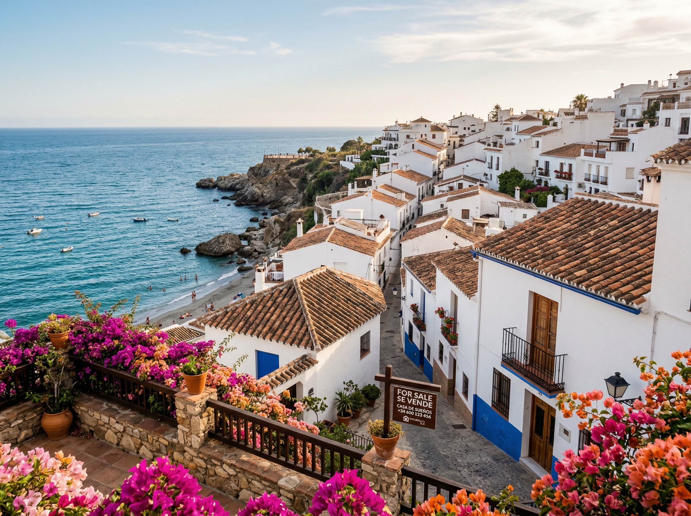 Whitewashed Spanish coastal village with terracotta roofs overlooking the Mediterranean