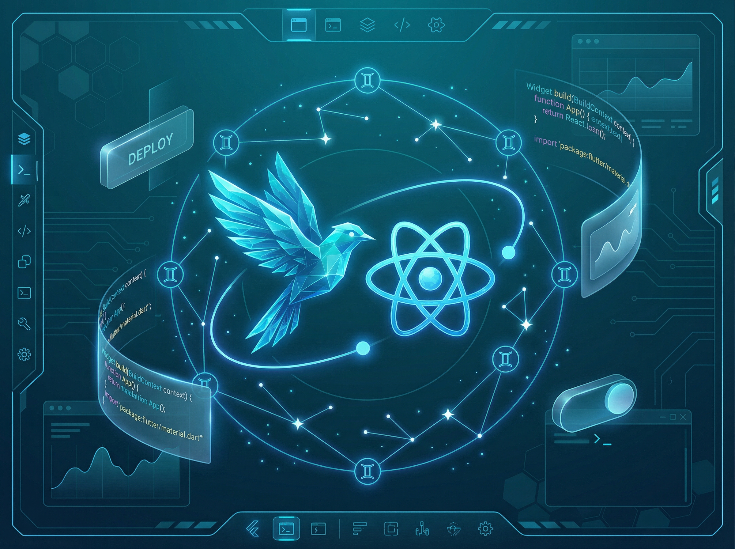 Rocket made of code blocks launching with app interfaces