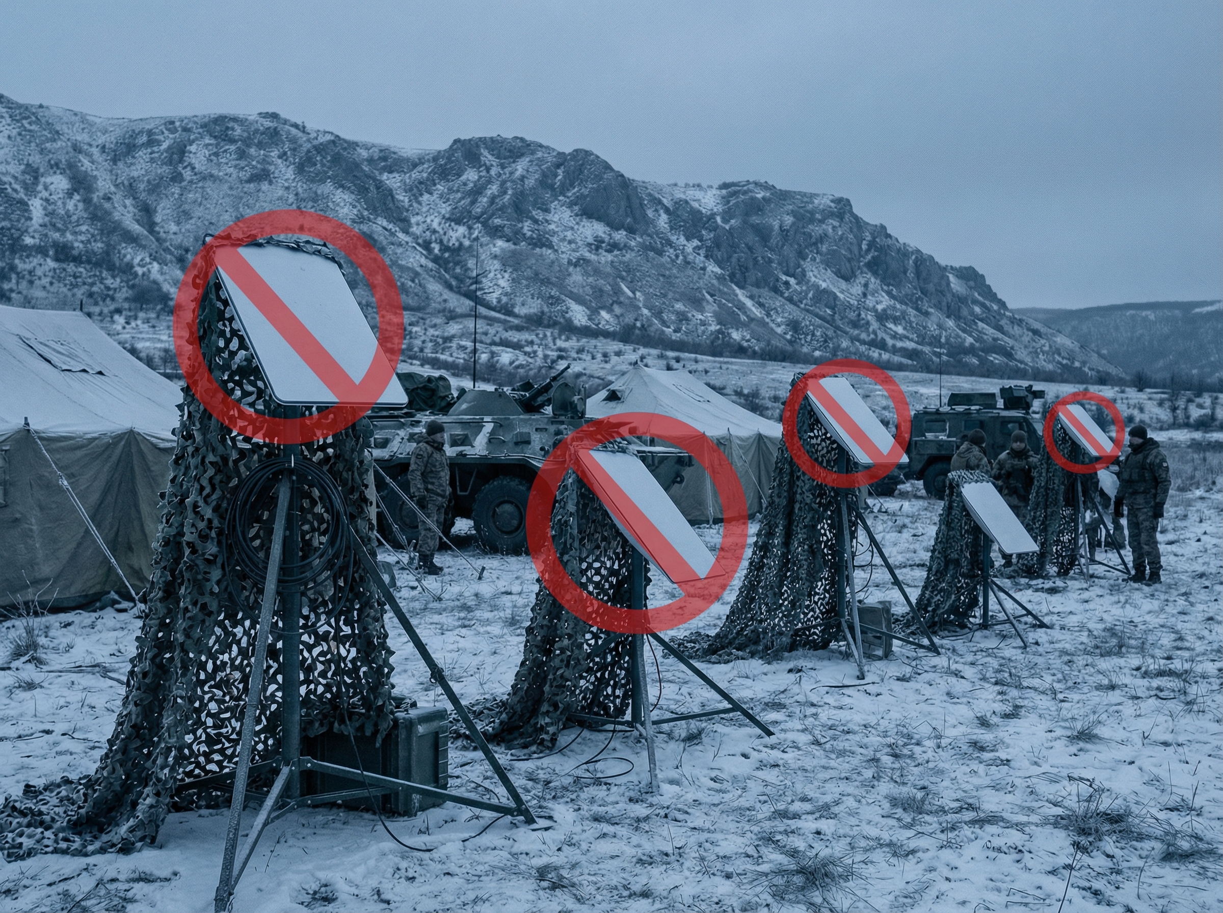 Starlink satellite dish arrays in a military field with prohibition overlays