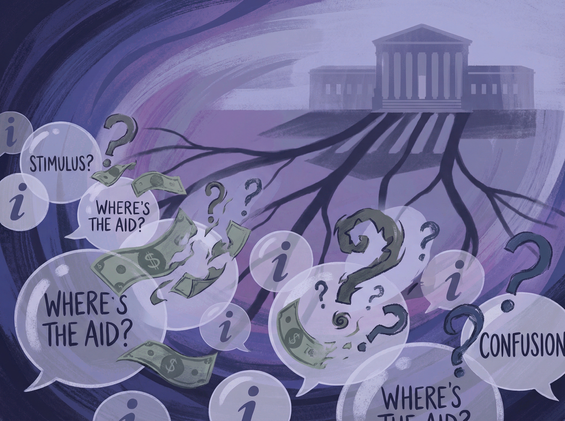 Dollar bills transforming into question marks amid social media bubbles