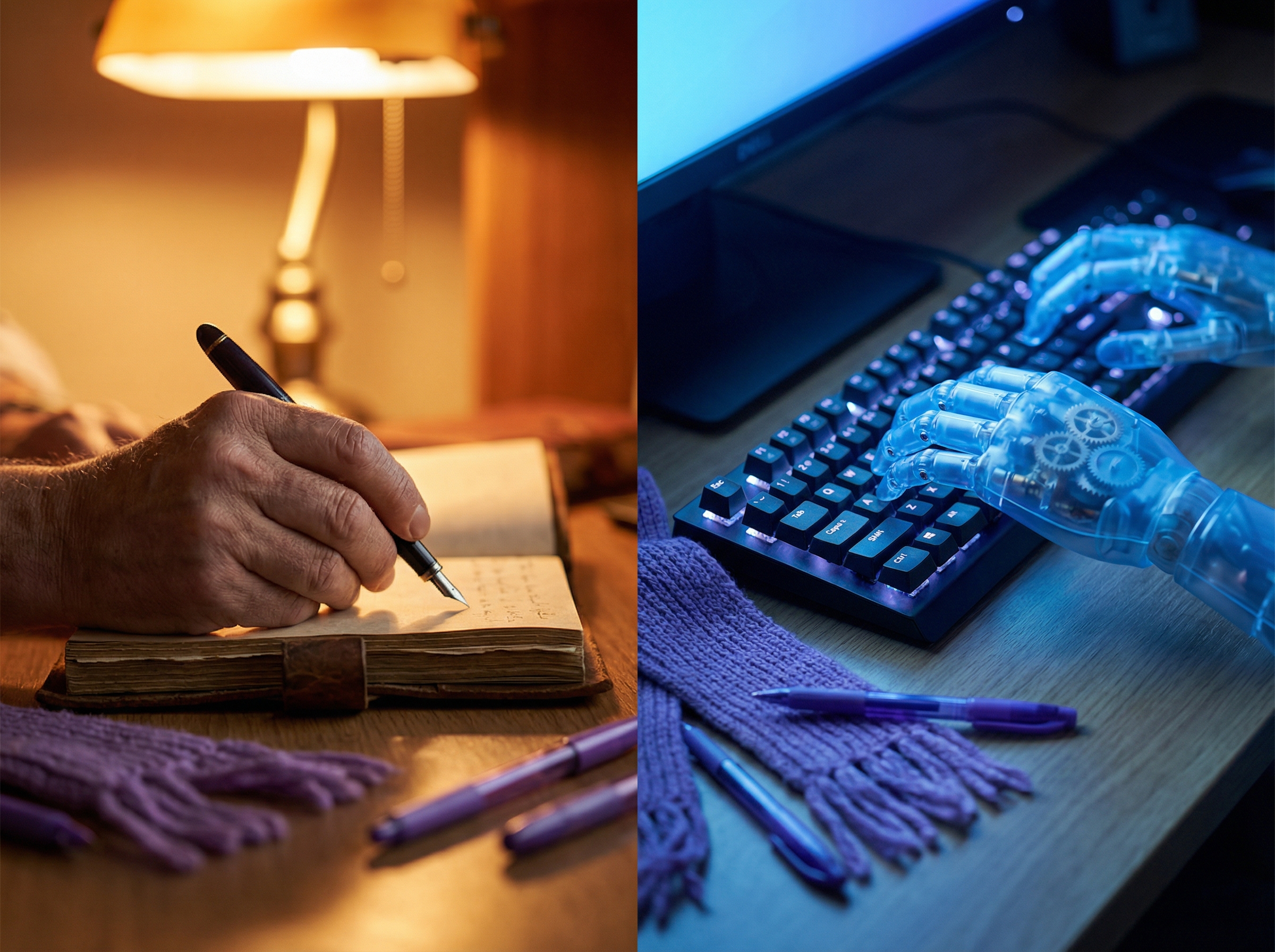 Human hand writing in a leather journal while a robot hand types on a keyboard nearby, warm versus cool light
